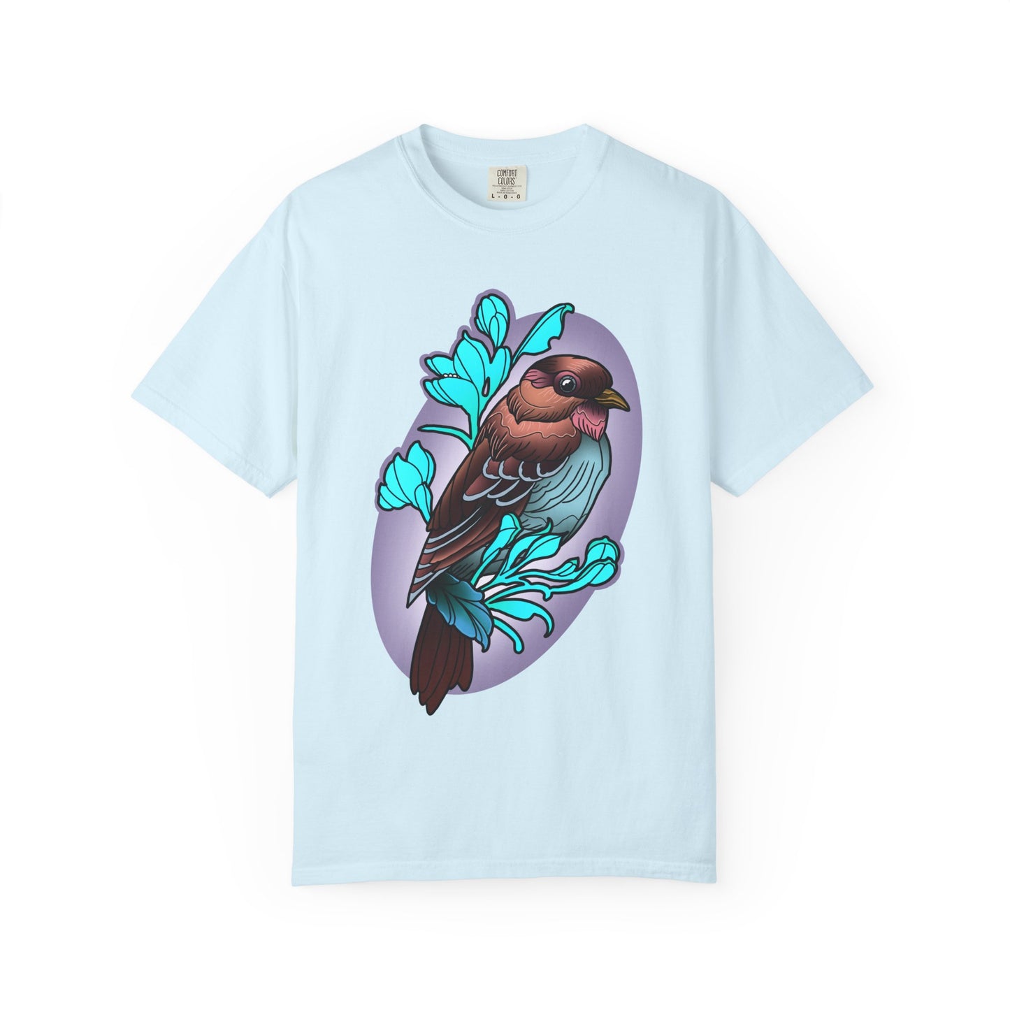 Bird Illustration T-Shirt — Colorful Sparrow on Floral Branch Tee