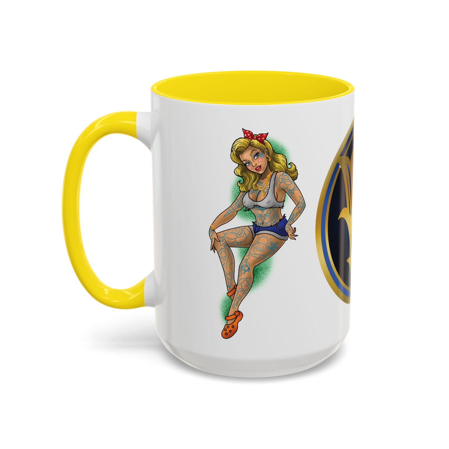Vintage Pin-Up Coffee Mug with Gold Monogram V — Retro Tattoo Style Accent Mug (11/15oz)