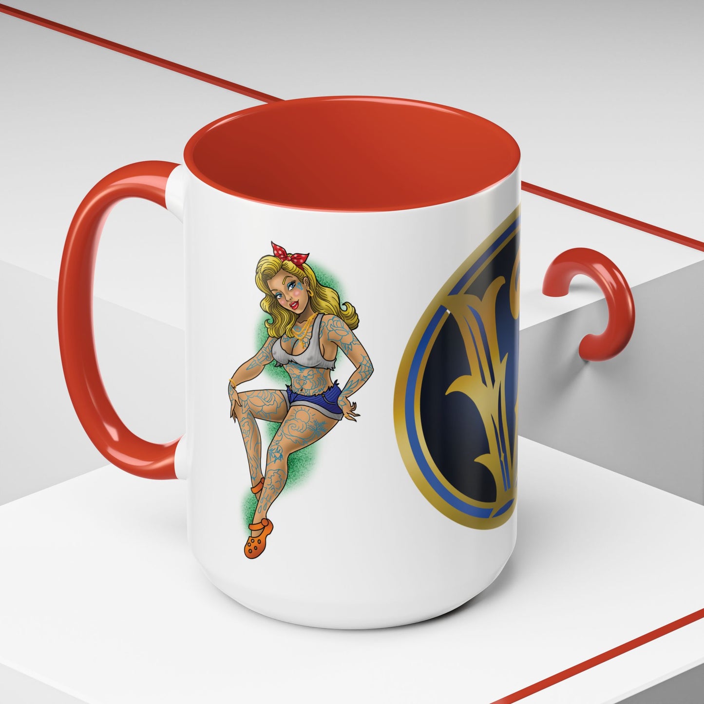 Vintage Pin-Up Coffee Mug with Gold Monogram V — Retro Tattoo Style Accent Mug (11/15oz)
