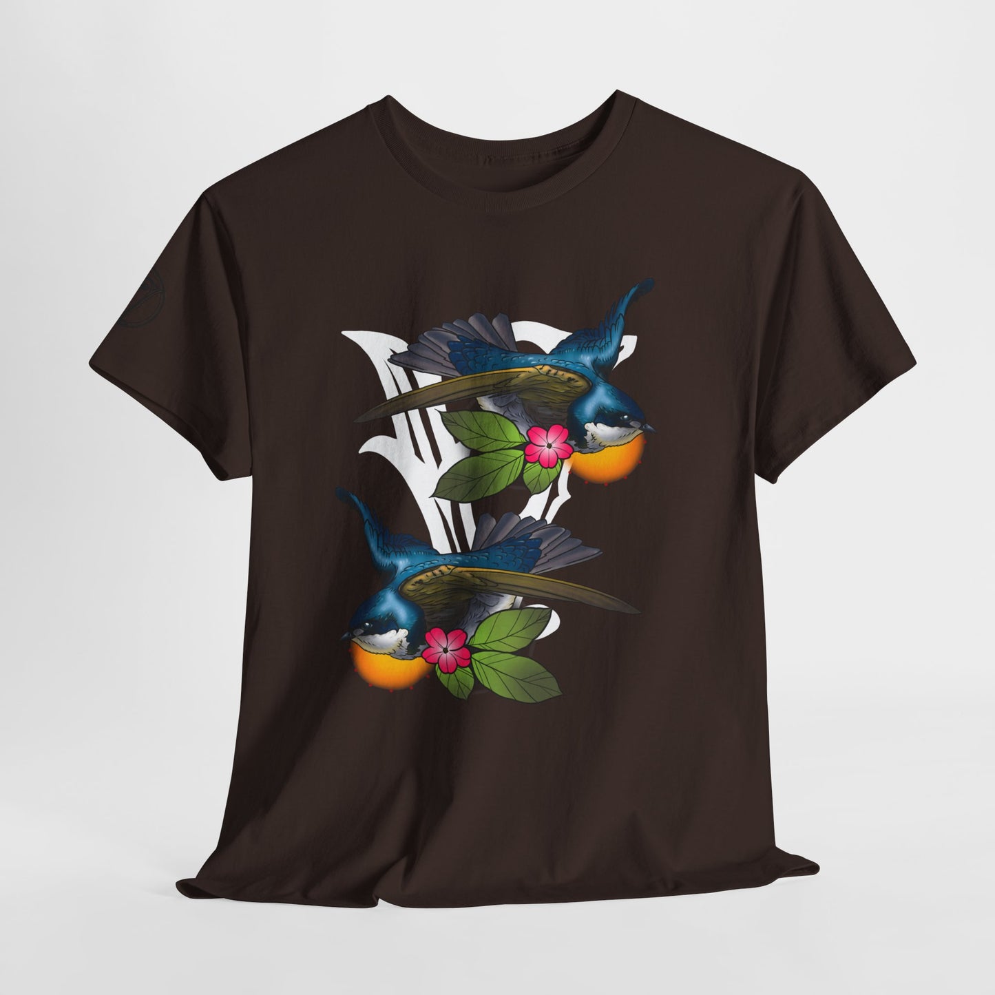 Bird Skull & Swallow Art Tee — Vibrant Blue Bird Illustration T-Shirt