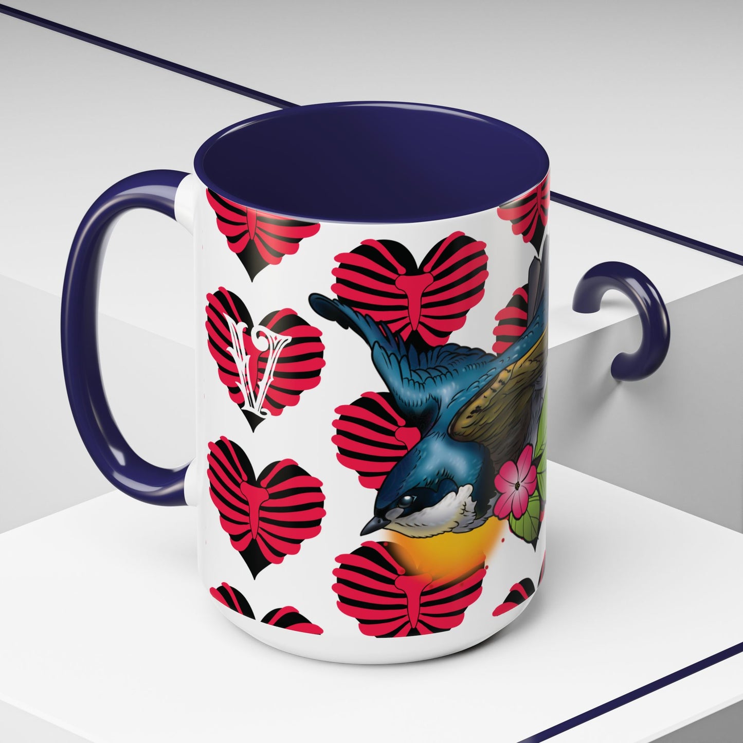 Bird & Hearts Accent Coffee Mug – Colorful Songbird Pattern (11/15oz)