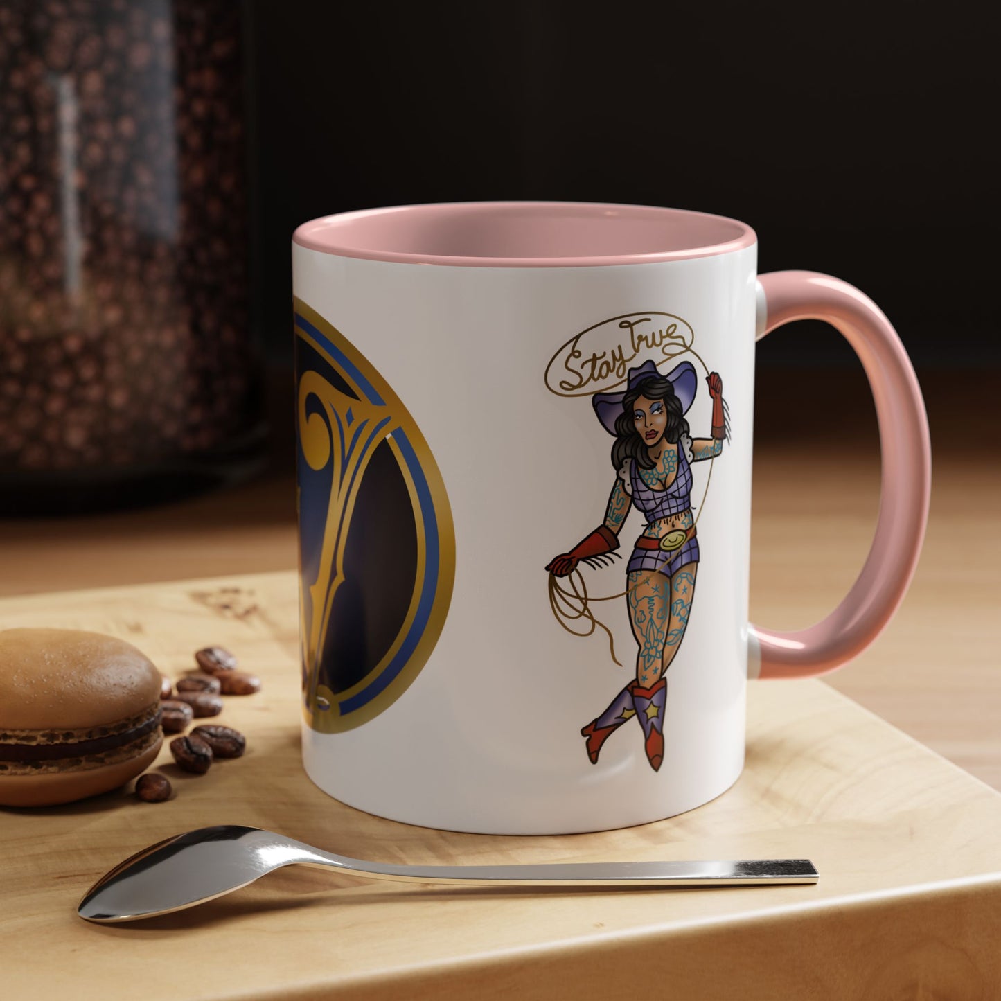 Accent Coffee Mug — Vintage Gold 'V' Monogram & Pin-Up Cowgirl Illustration (11oz/15oz)