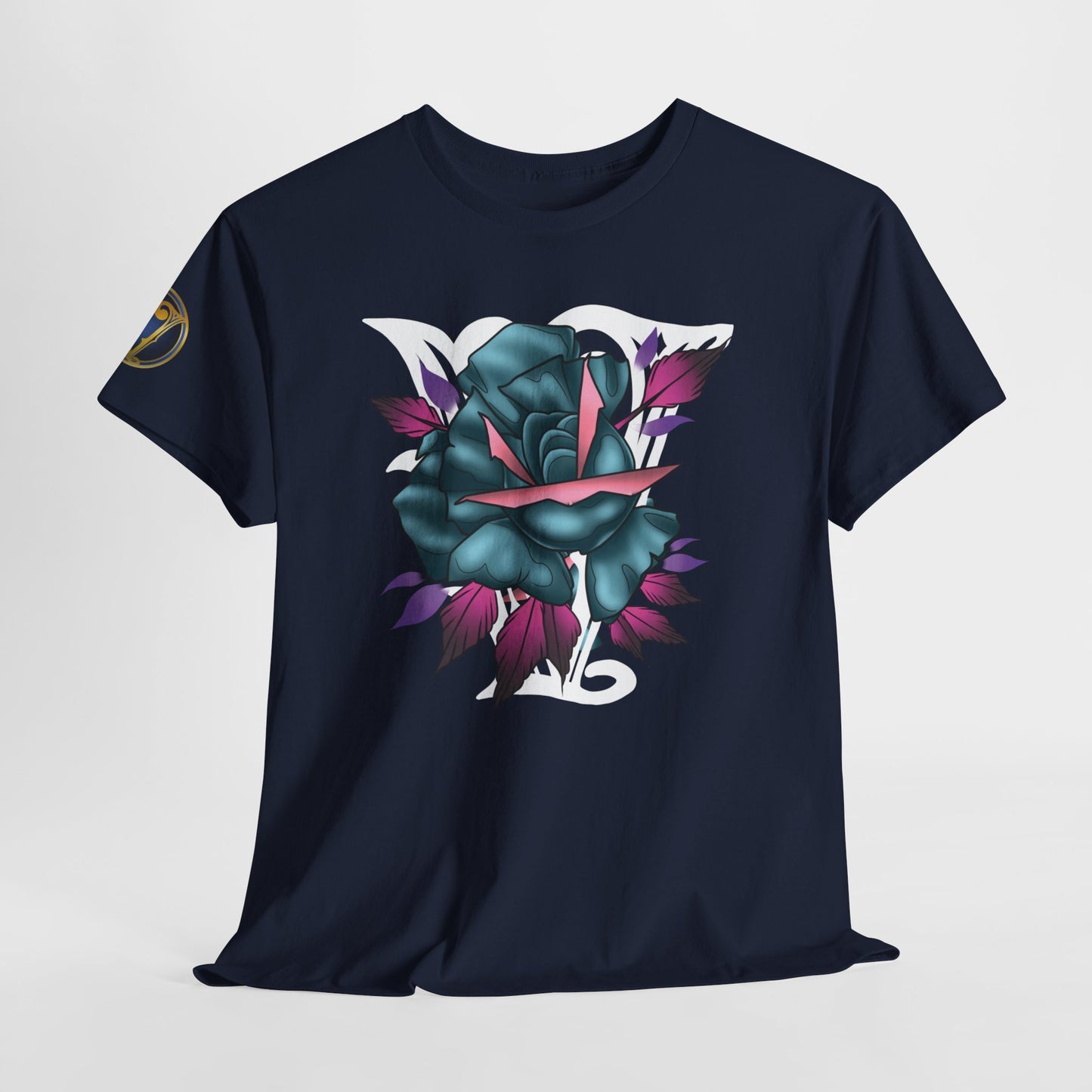 Blue & Pink Rose Graphic Tee — Vintage Floral Tattoo Shirt