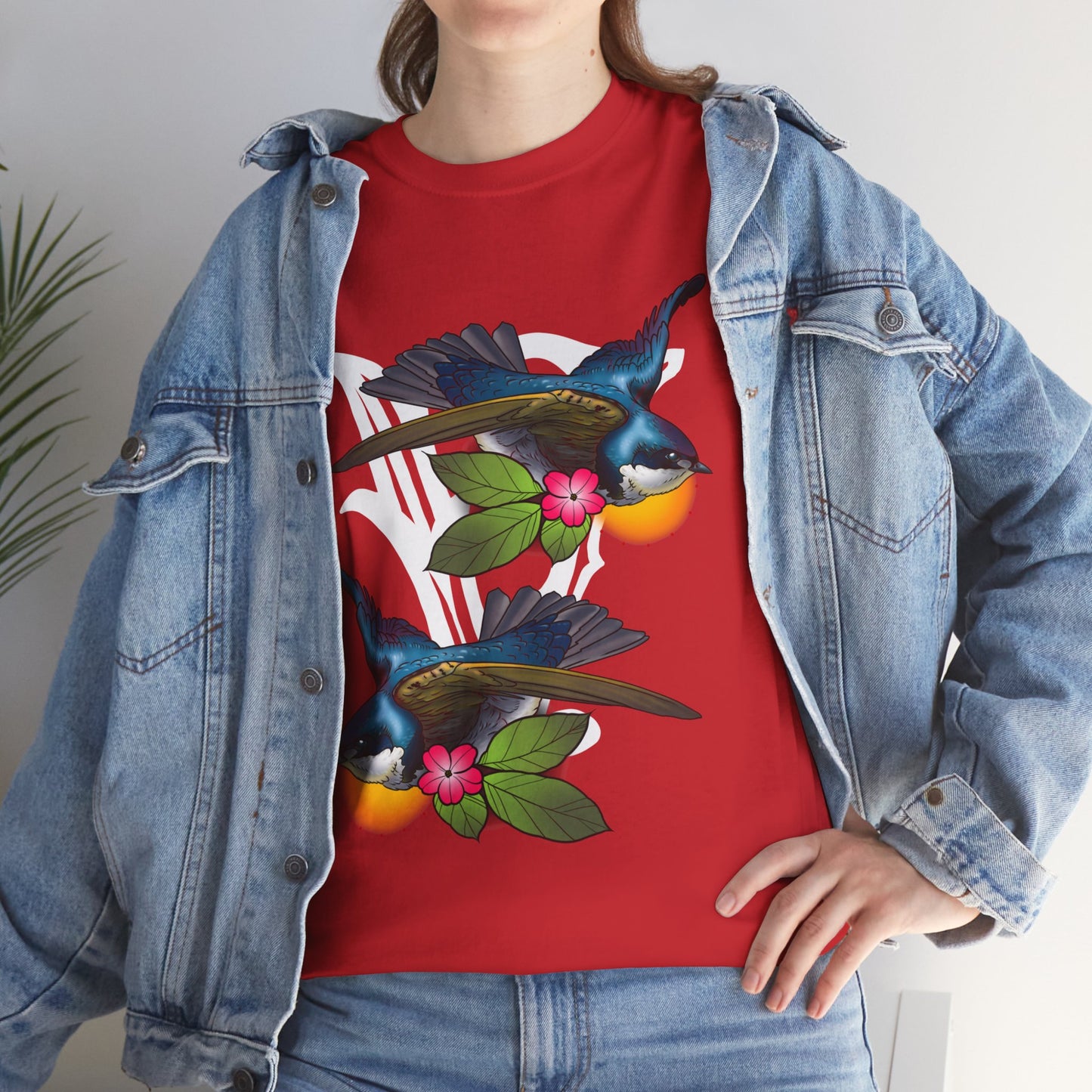 Bird Skull & Swallow Art Tee — Vibrant Blue Bird Illustration T-Shirt