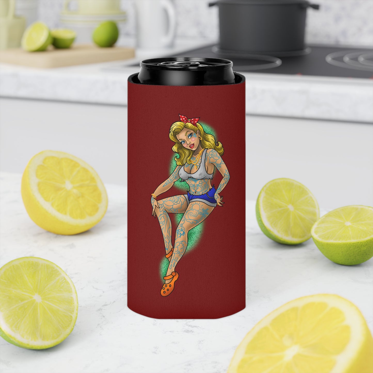 Tattoo Pin-Up Can Cooler – Retro Rockabilly Girl Beverage Koozie