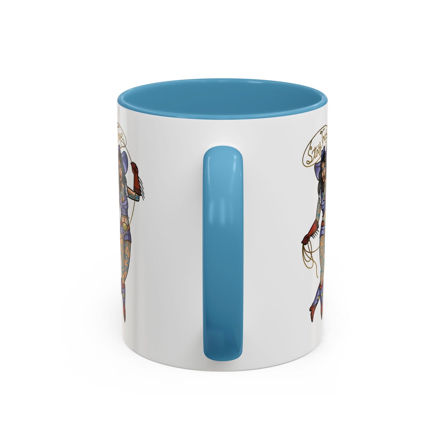 Accent Coffee Mug — Vintage Gold 'V' Monogram & Pin-Up Cowgirl Illustration (11oz/15oz)