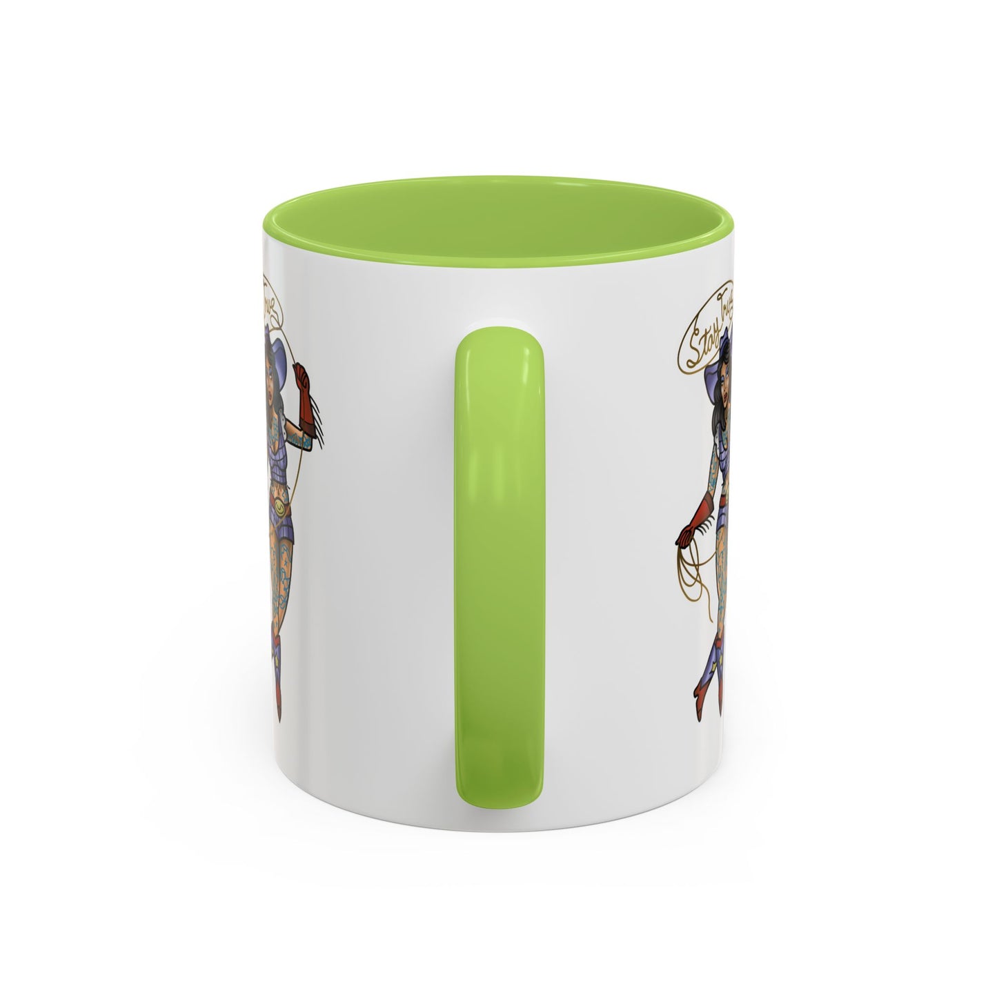 Accent Coffee Mug — Vintage Gold 'V' Monogram & Pin-Up Cowgirl Illustration (11oz/15oz)