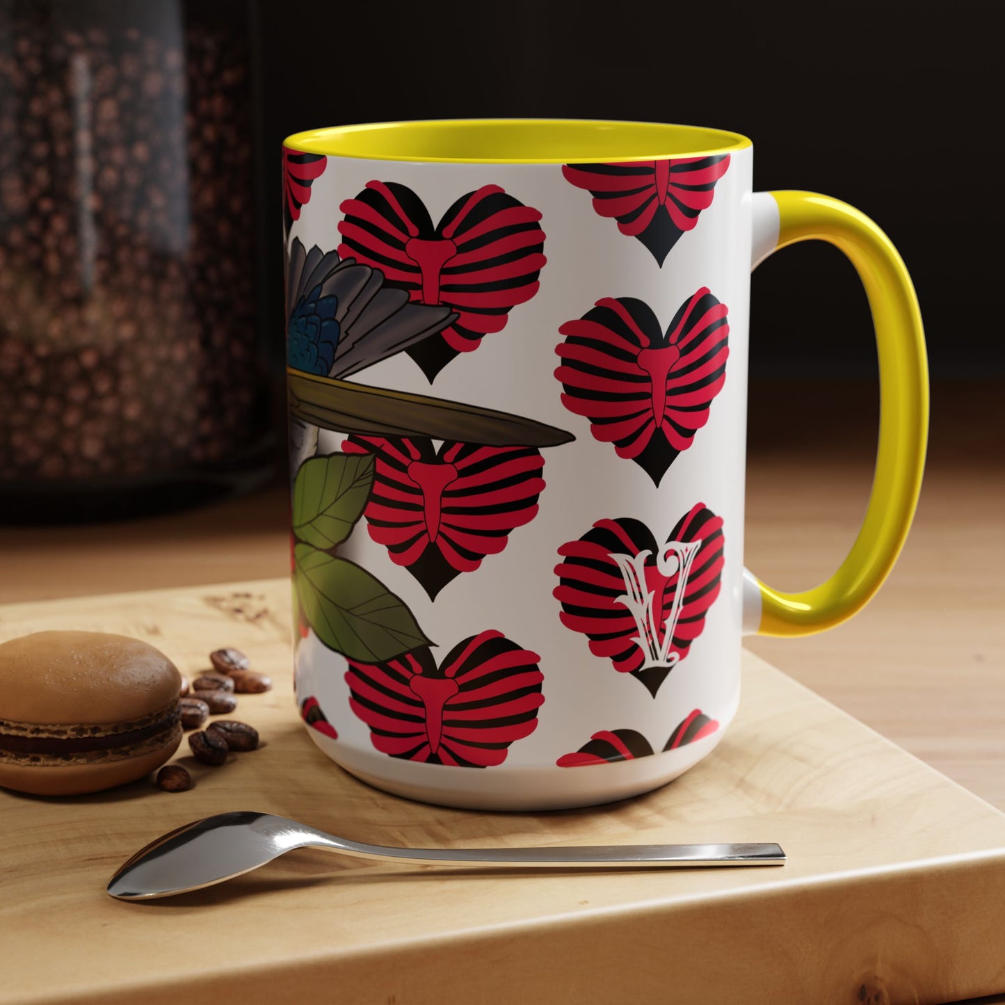 Bird & Hearts Accent Coffee Mug – Colorful Songbird Pattern (11/15oz)
