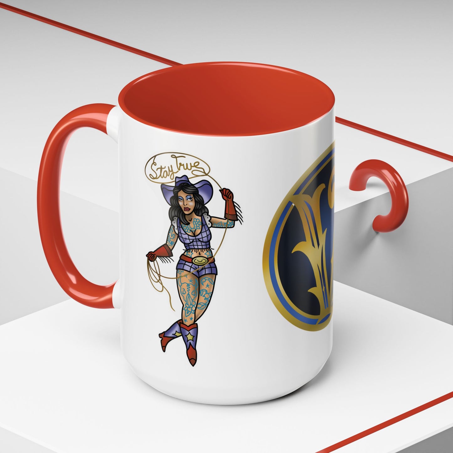 Accent Coffee Mug — Vintage Gold 'V' Monogram & Pin-Up Cowgirl Illustration (11oz/15oz)