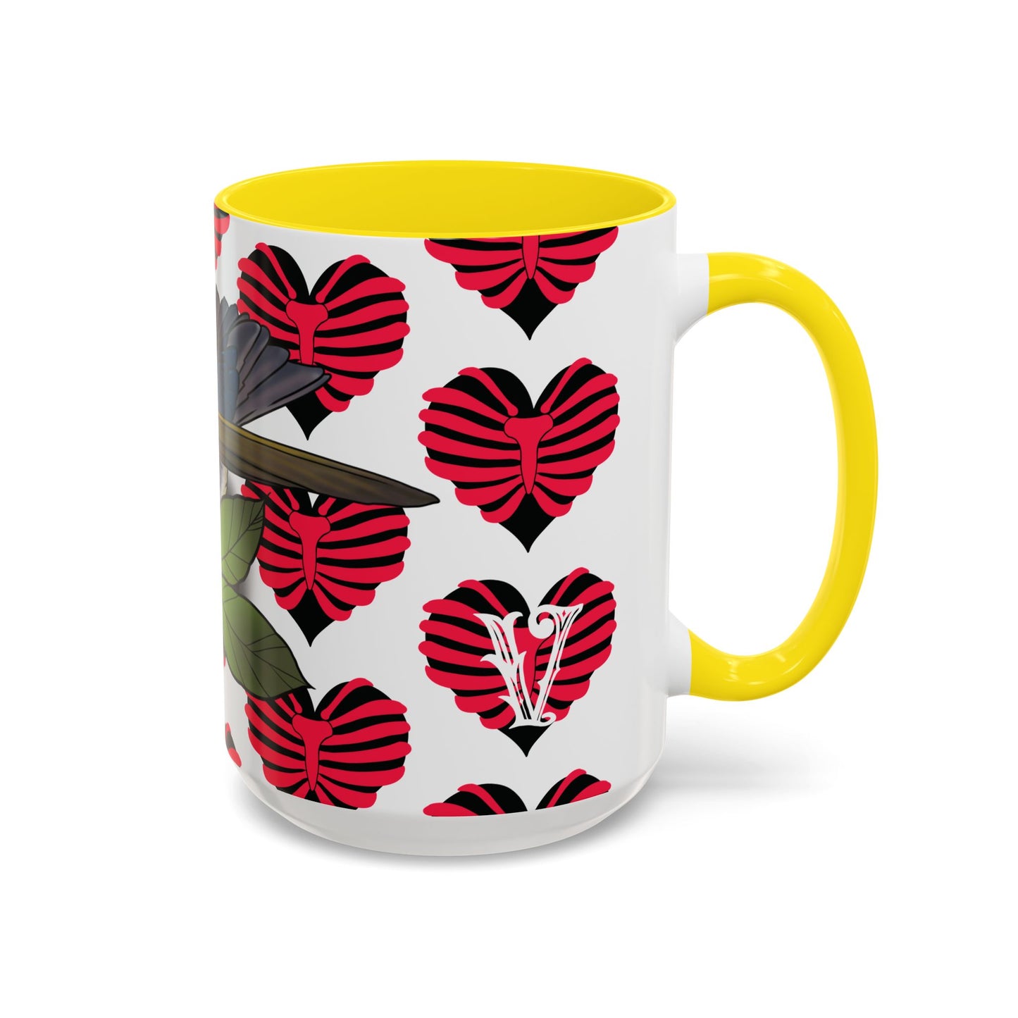 Bird & Hearts Accent Coffee Mug – Colorful Songbird Pattern (11/15oz)