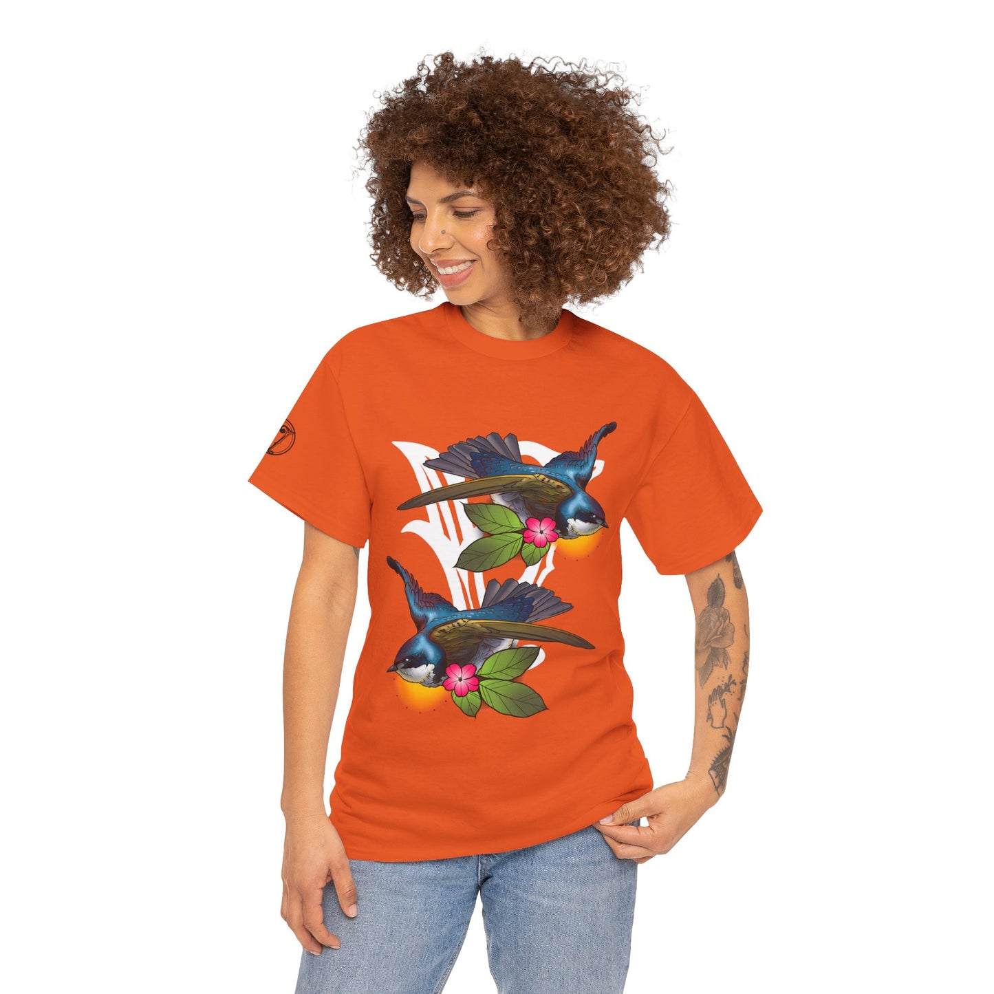 Bird Skull & Swallow Art Tee — Vibrant Blue Bird Illustration T-Shirt