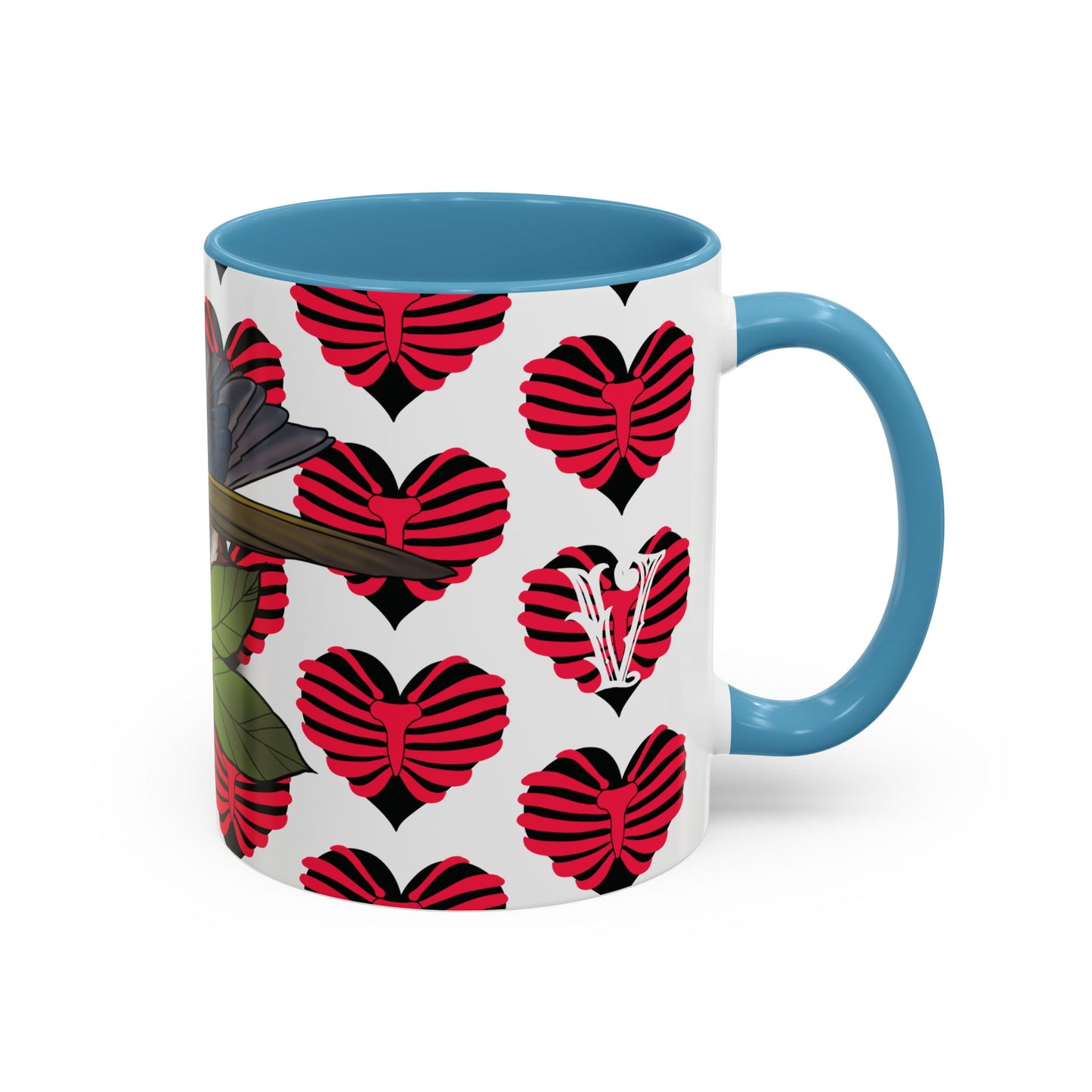 Bird & Hearts Accent Coffee Mug – Colorful Songbird Pattern (11/15oz)