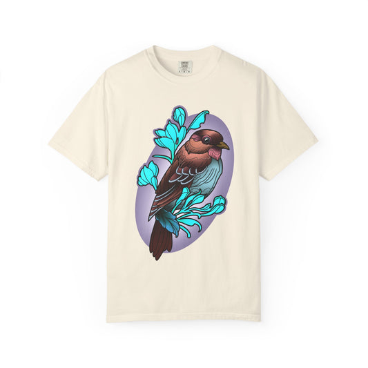 Bird Illustration T-Shirt — Colorful Sparrow on Floral Branch Tee