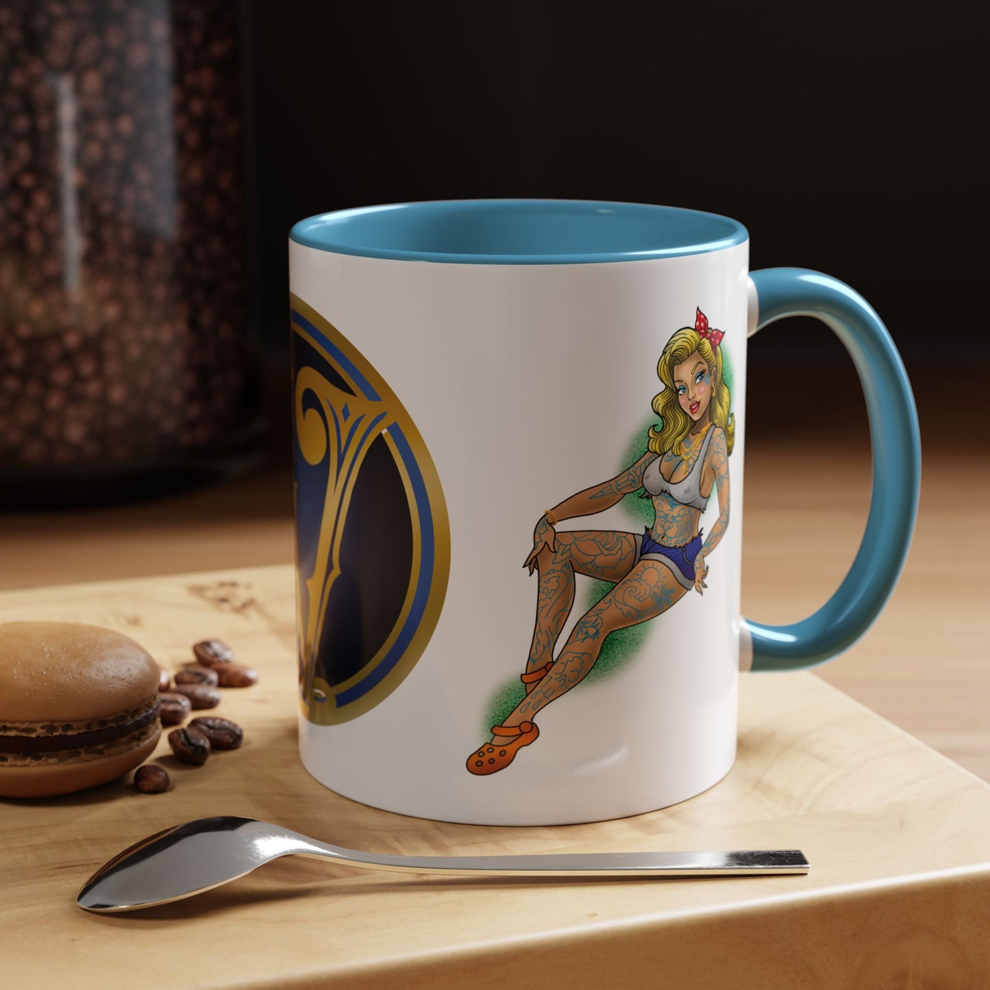 Vintage Pin-Up Coffee Mug with Gold Monogram V — Retro Tattoo Style Accent Mug (11/15oz)
