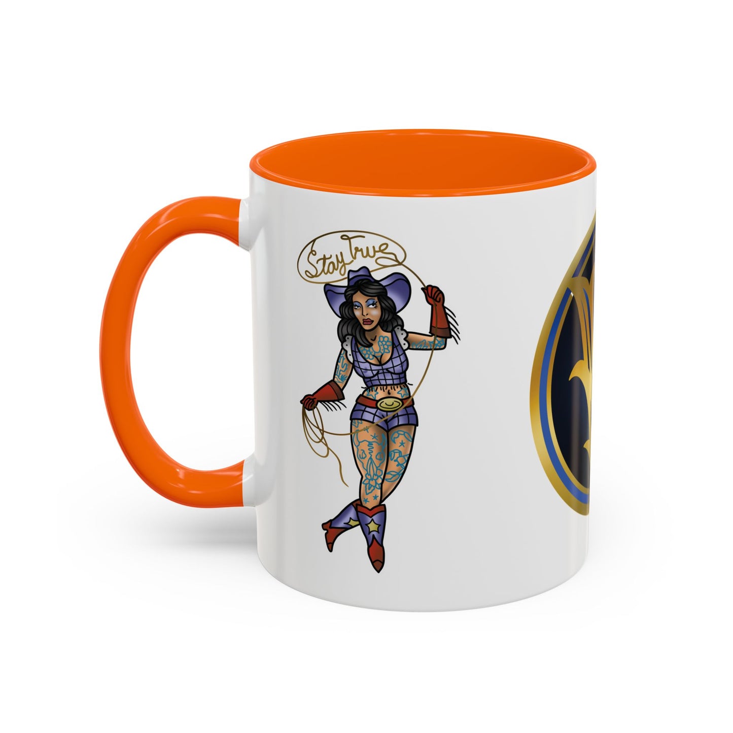 Accent Coffee Mug — Vintage Gold 'V' Monogram & Pin-Up Cowgirl Illustration (11oz/15oz)