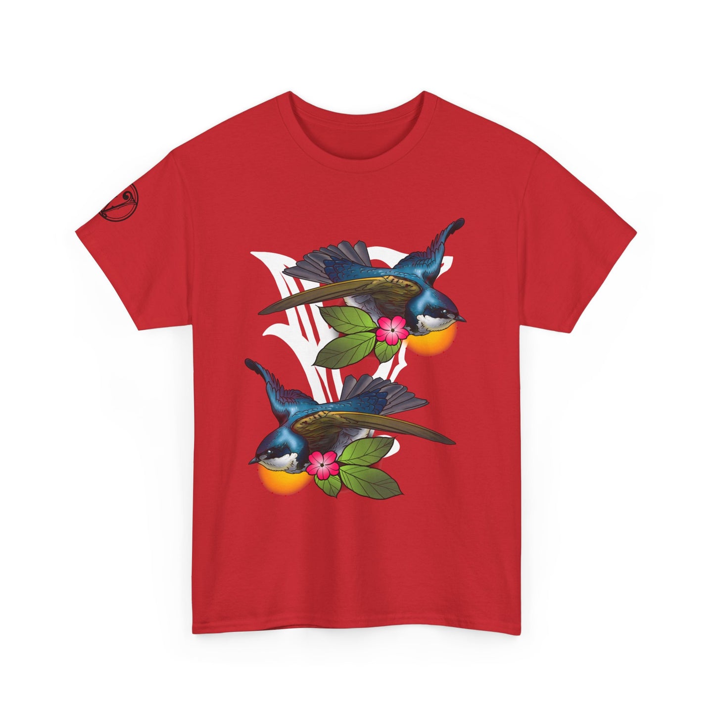 Bird Skull & Swallow Art Tee — Vibrant Blue Bird Illustration T-Shirt