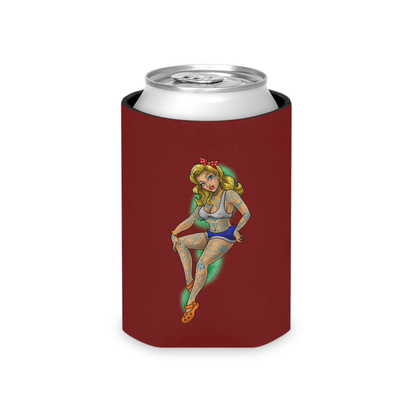 Tattoo Pin-Up Can Cooler – Retro Rockabilly Girl Beverage Koozie