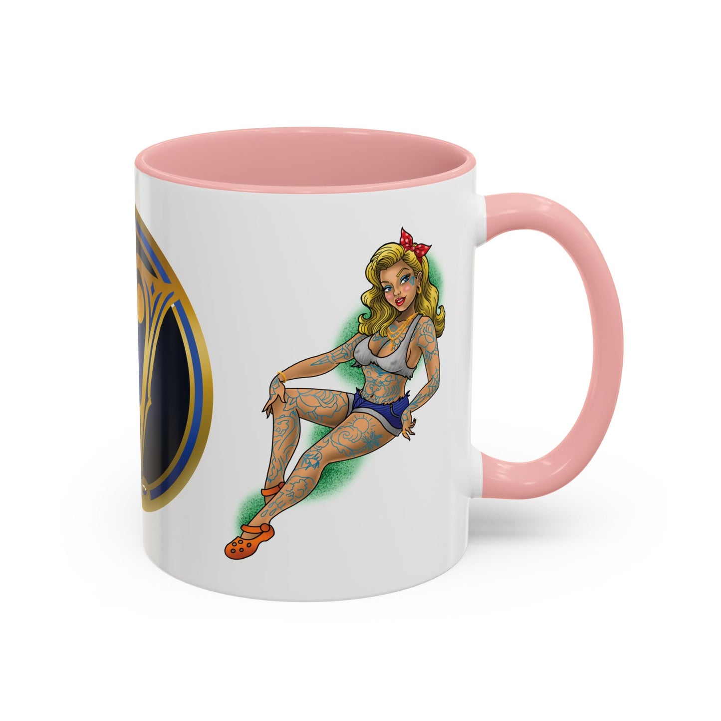 Vintage Pin-Up Coffee Mug with Gold Monogram V — Retro Tattoo Style Accent Mug (11/15oz)