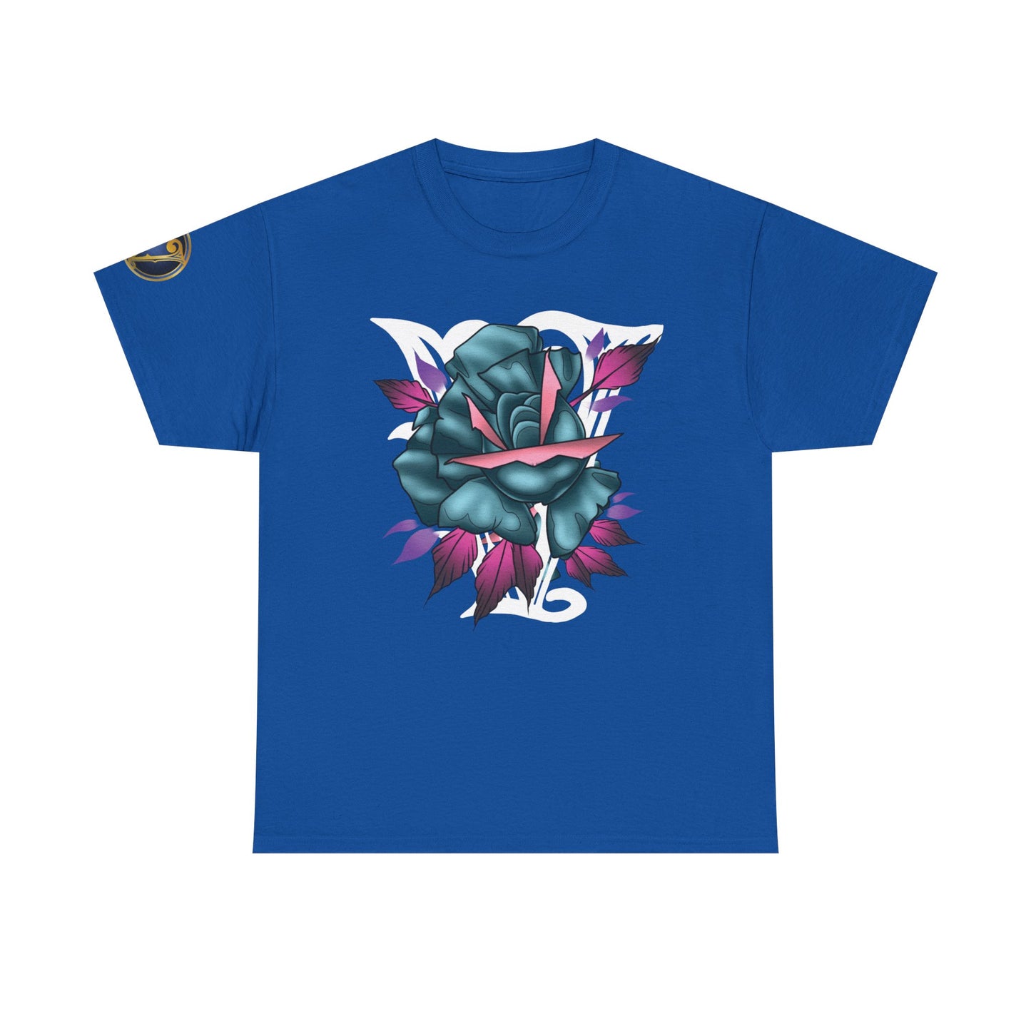 Blue & Pink Rose Graphic Tee — Vintage Floral Tattoo Shirt