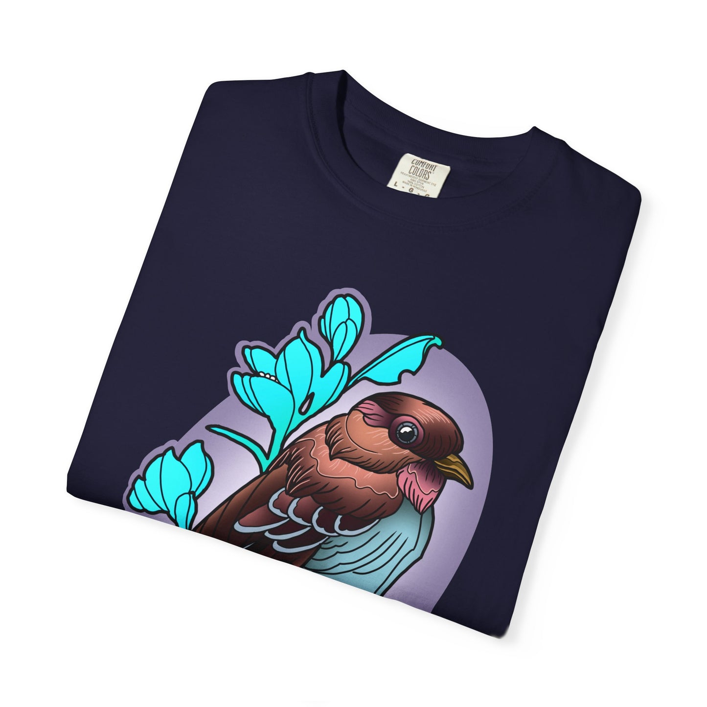 Bird Illustration T-Shirt — Colorful Sparrow on Floral Branch Tee