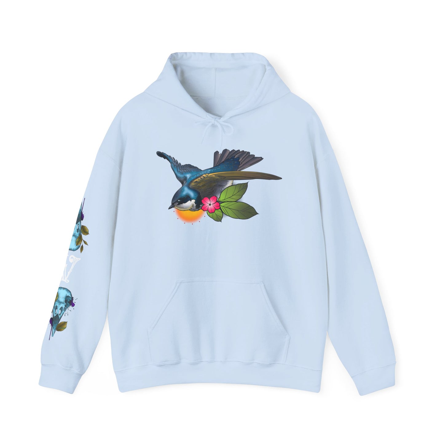 Swallow & Blossom Hoodie – Blue Bird Floral Graphic Sweatshirt