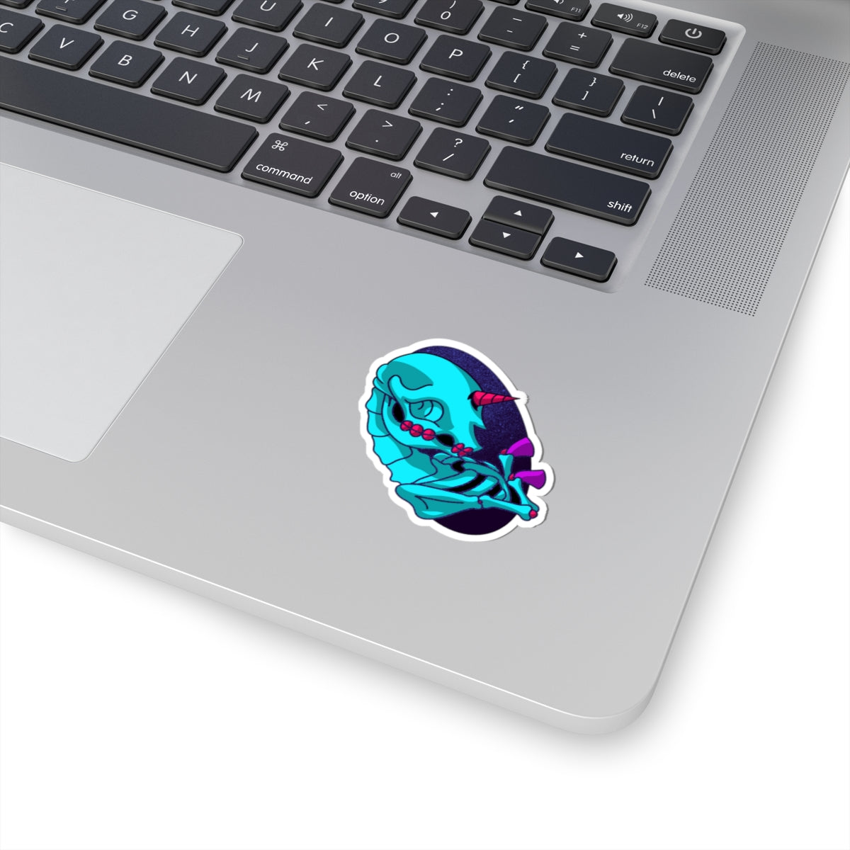 Neon Unicorn Skull Sticker — Retro Vaporwave Kiss-Cut Decal