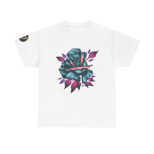 Blue & Pink Rose Graphic Tee — Vintage Floral Tattoo Shirt