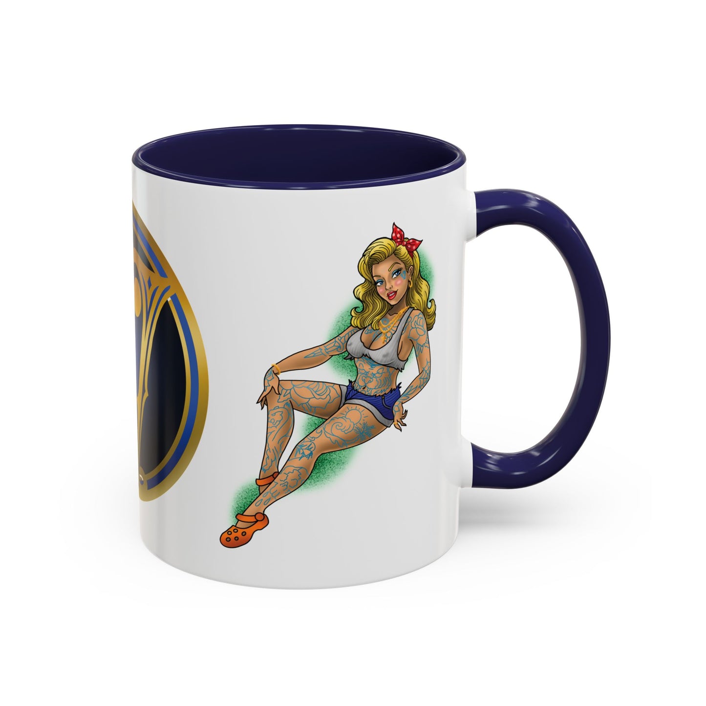 Vintage Pin-Up Coffee Mug with Gold Monogram V — Retro Tattoo Style Accent Mug (11/15oz)