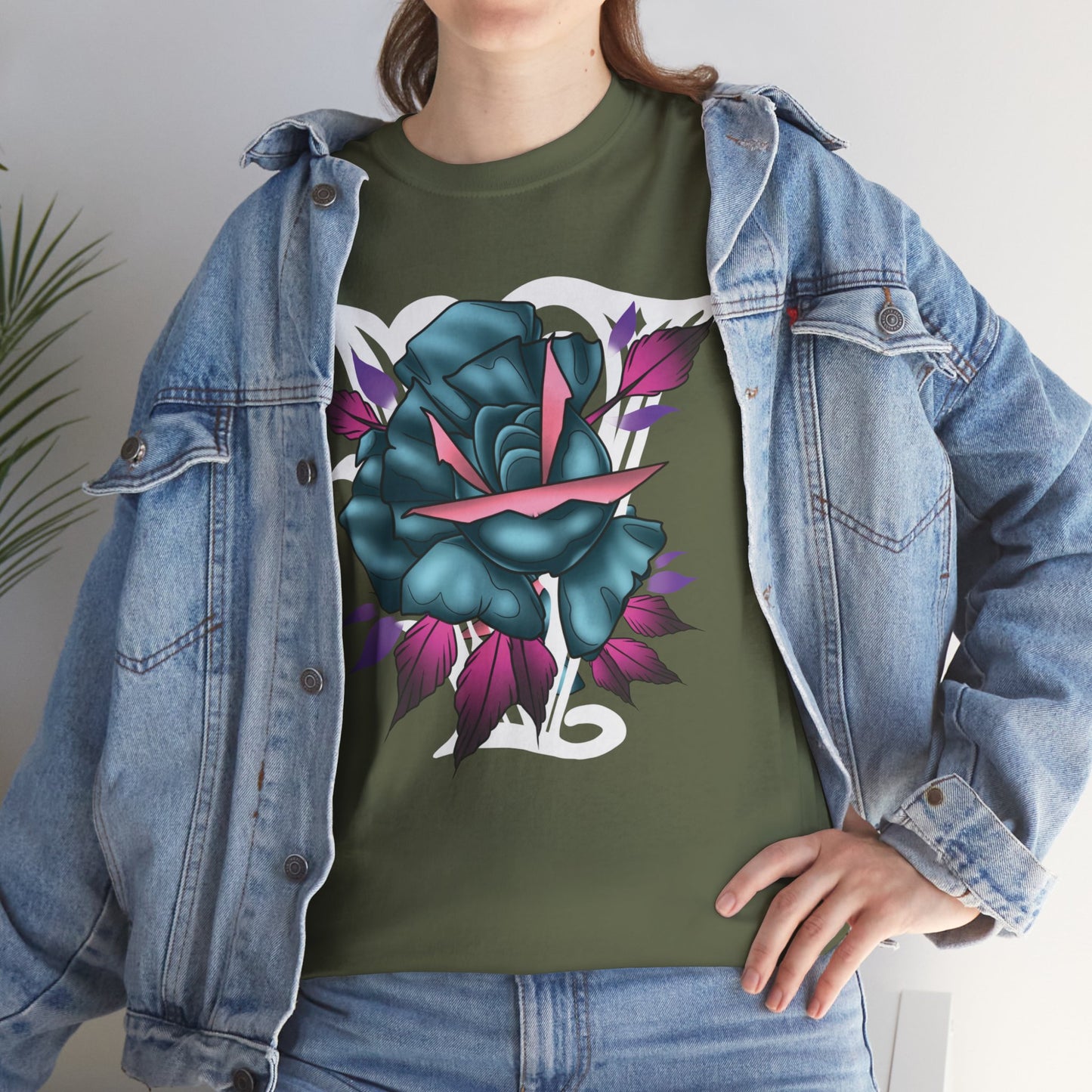 Blue & Pink Rose Graphic Tee — Vintage Floral Tattoo Shirt