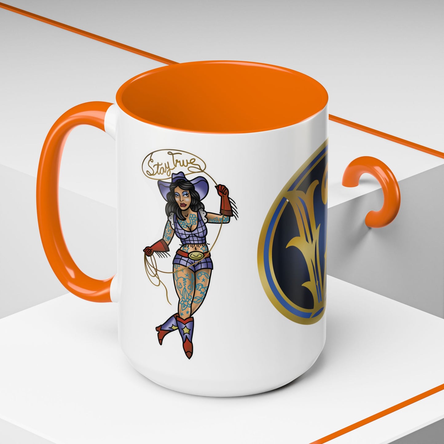 Accent Coffee Mug — Vintage Gold 'V' Monogram & Pin-Up Cowgirl Illustration (11oz/15oz)