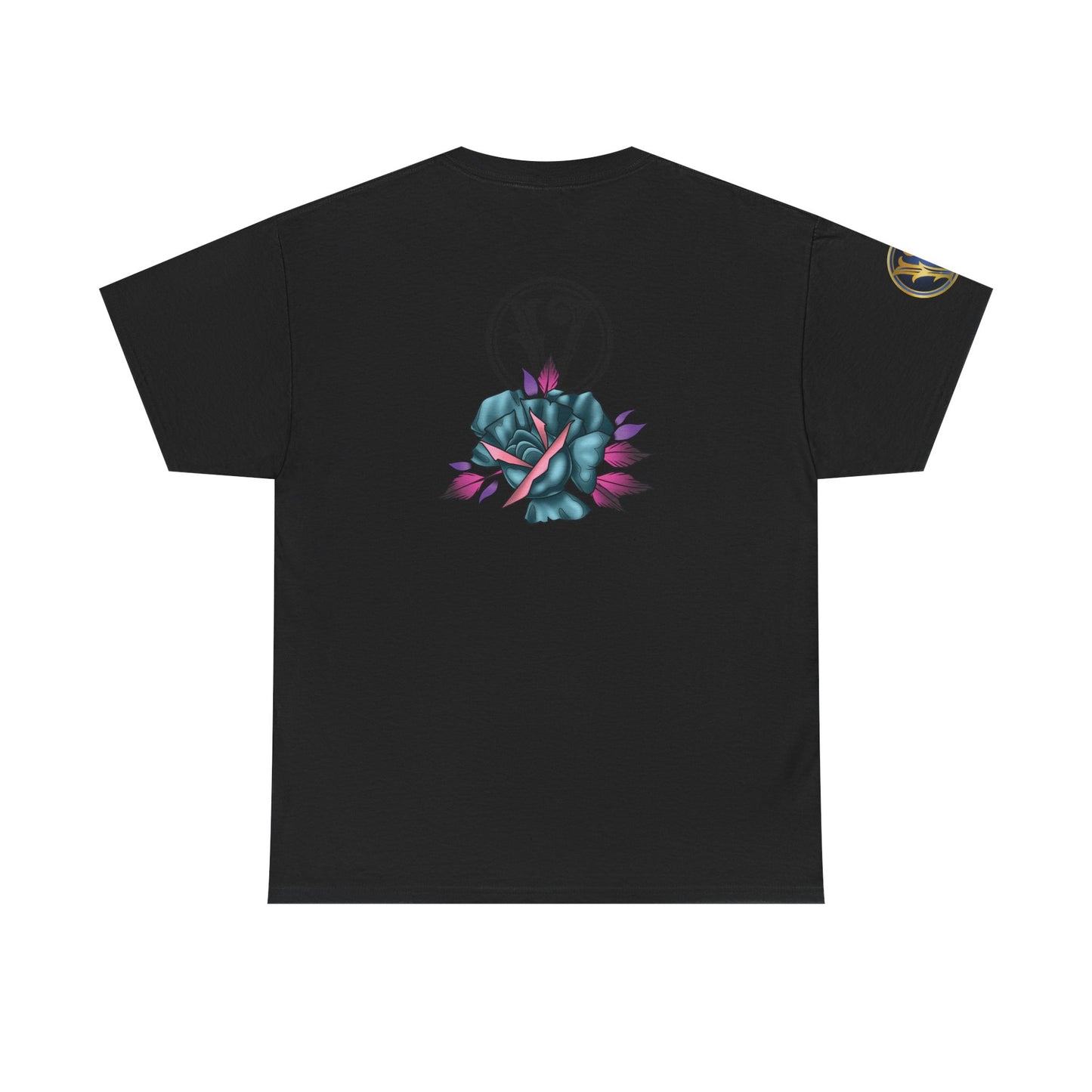 Blue & Pink Rose Graphic Tee — Vintage Floral Tattoo Shirt