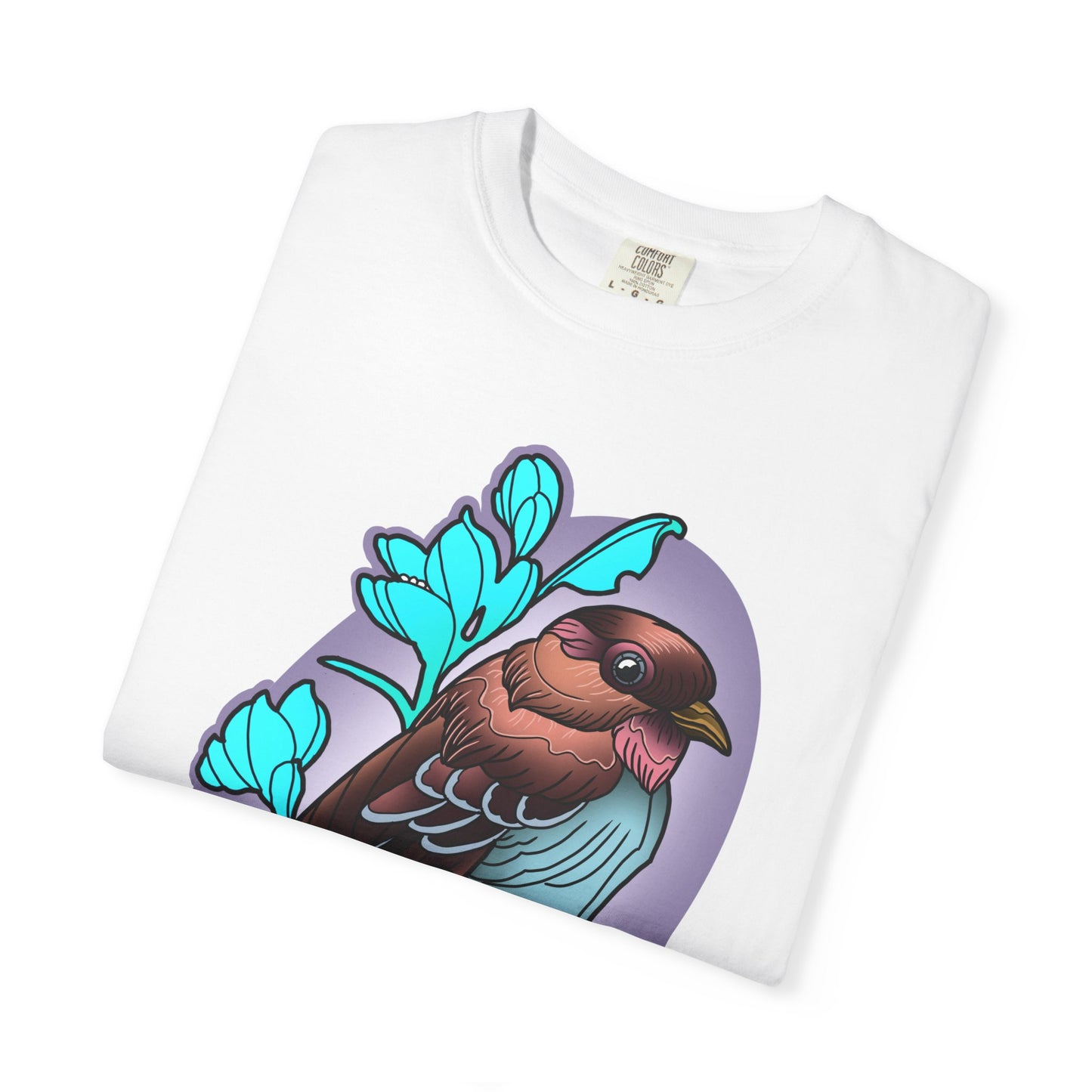 Bird Illustration T-Shirt — Colorful Sparrow on Floral Branch Tee