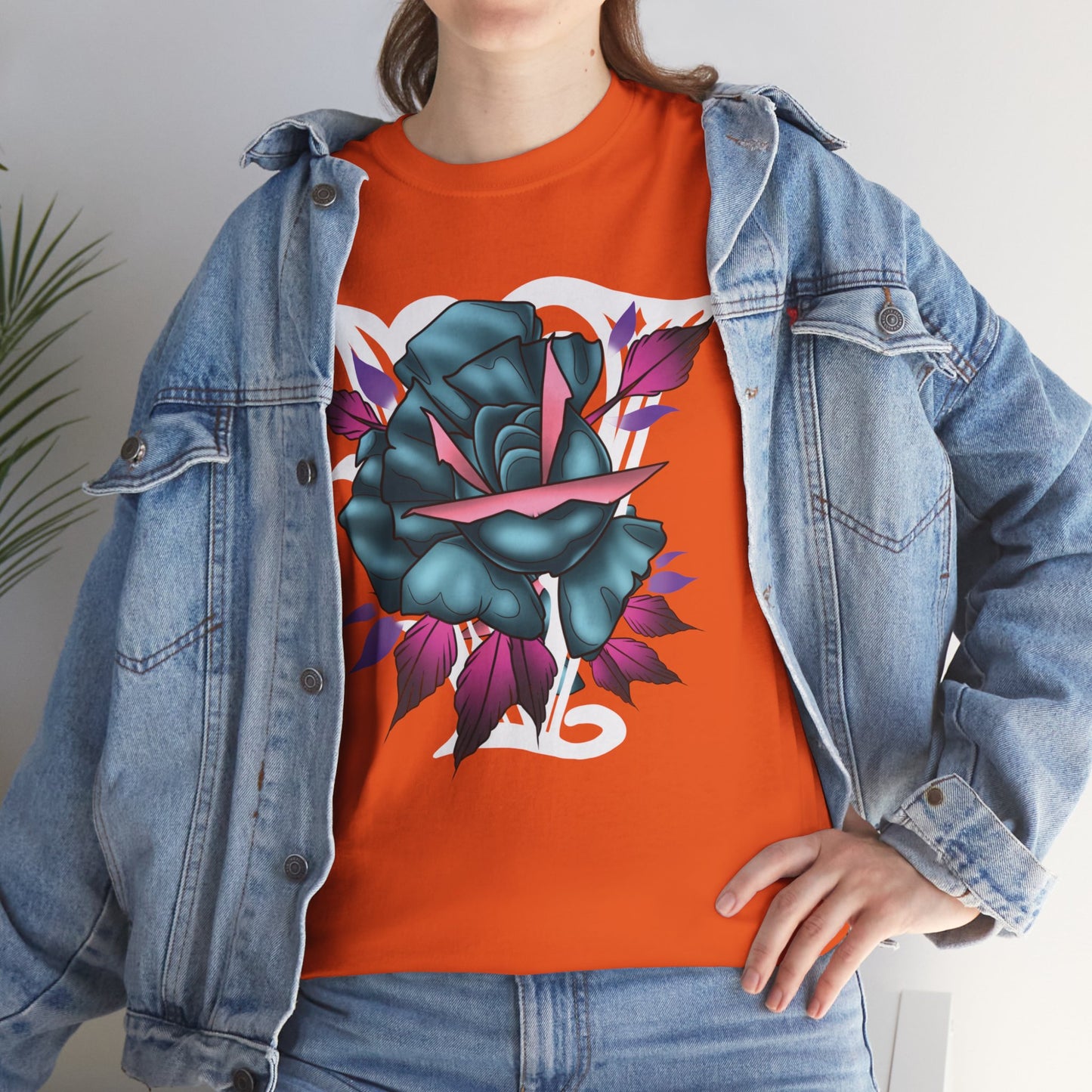 Blue & Pink Rose Graphic Tee — Vintage Floral Tattoo Shirt