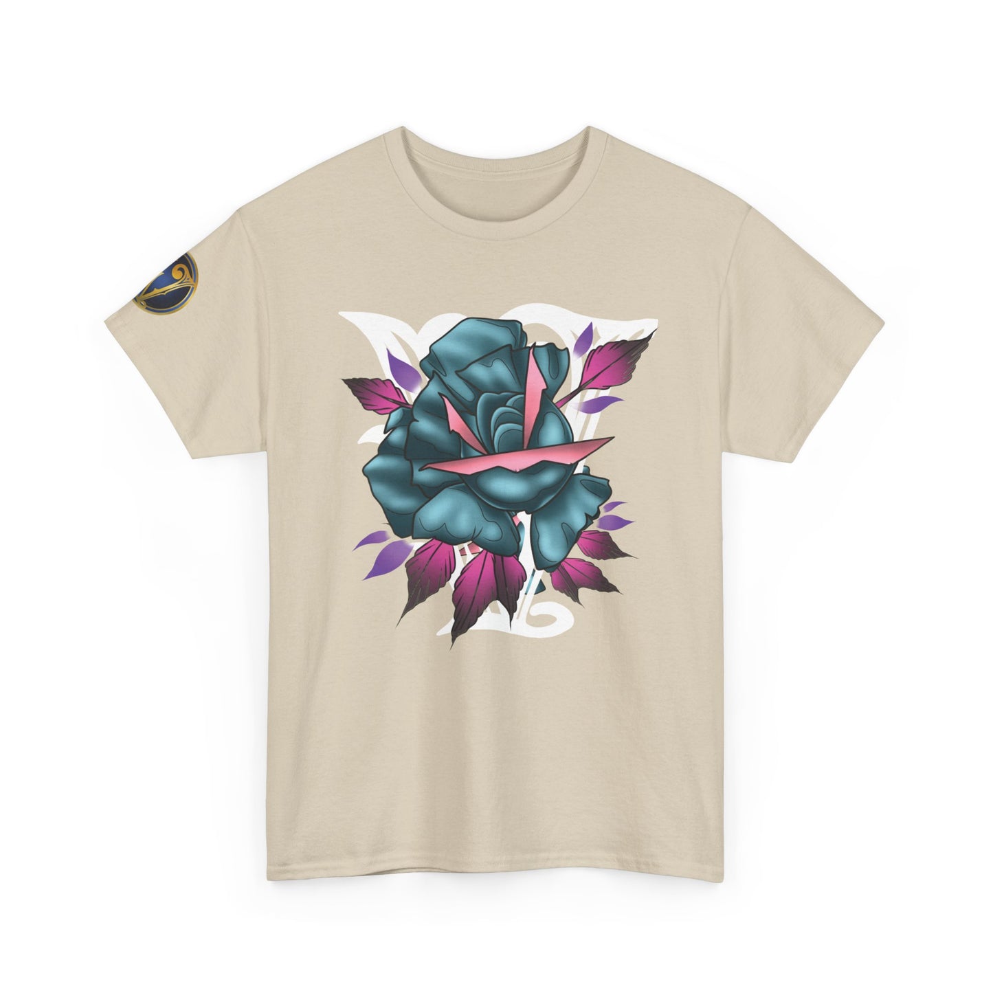 Blue & Pink Rose Graphic Tee — Vintage Floral Tattoo Shirt