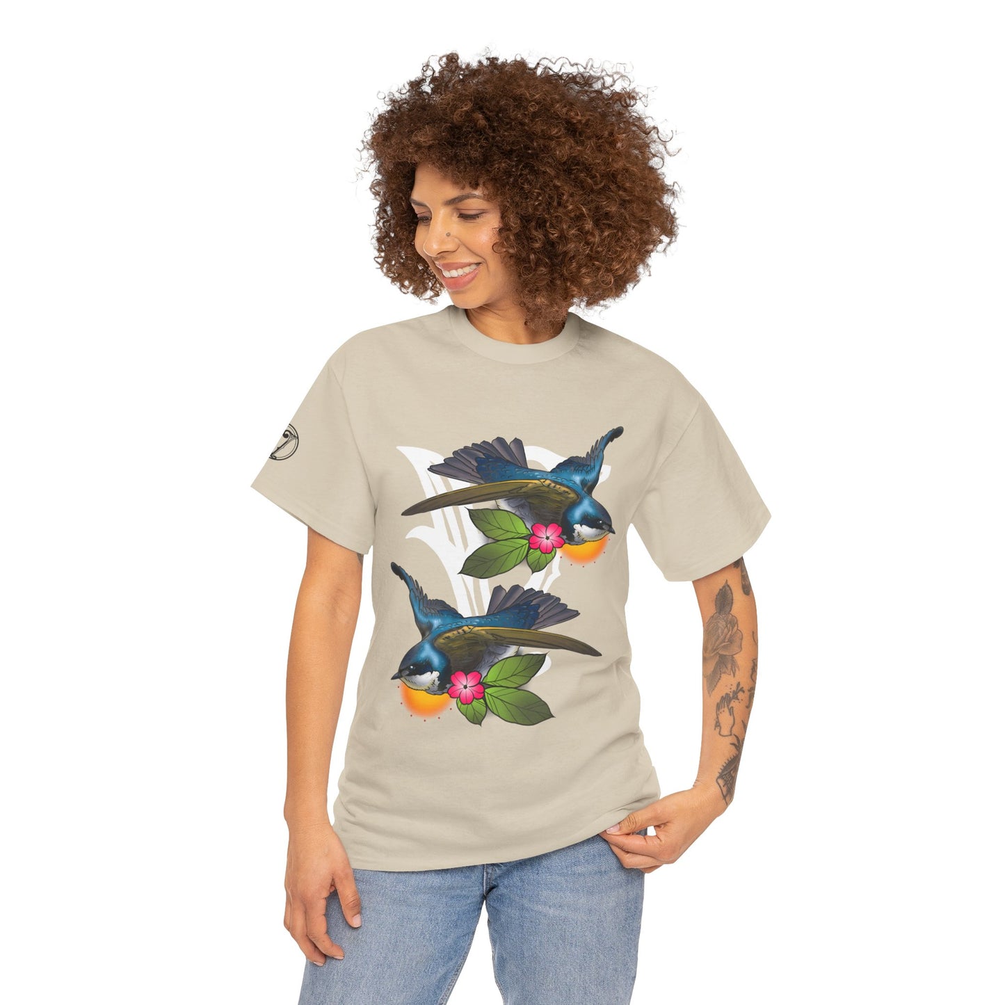 Bird Skull & Swallow Art Tee — Vibrant Blue Bird Illustration T-Shirt