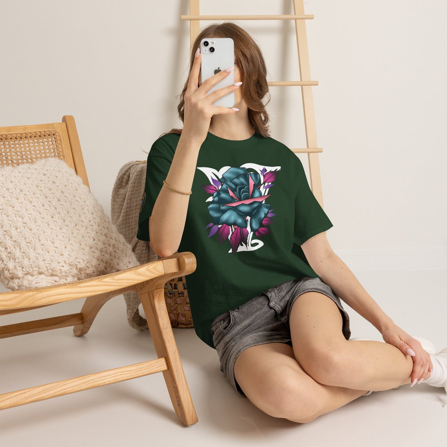 Blue & Pink Rose Graphic Tee — Vintage Floral Tattoo Shirt