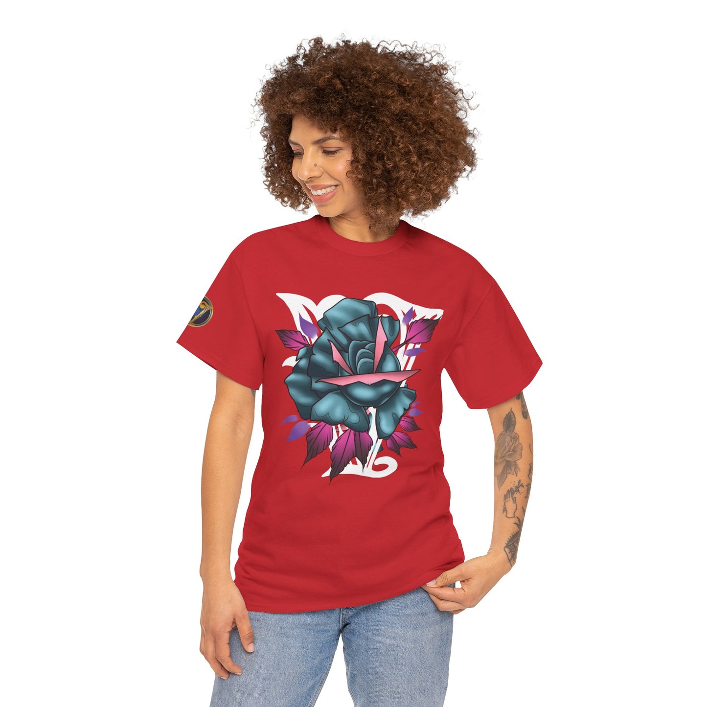 Blue & Pink Rose Graphic Tee — Vintage Floral Tattoo Shirt