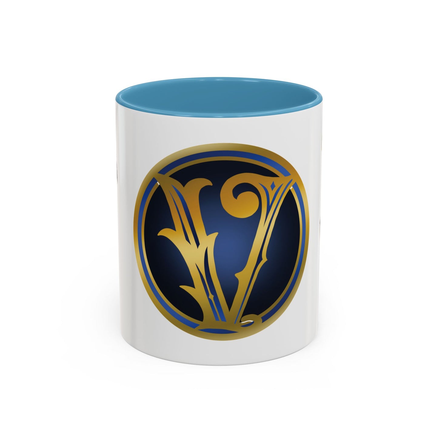 Accent Coffee Mug — Vintage Gold 'V' Monogram & Pin-Up Cowgirl Illustration (11oz/15oz)