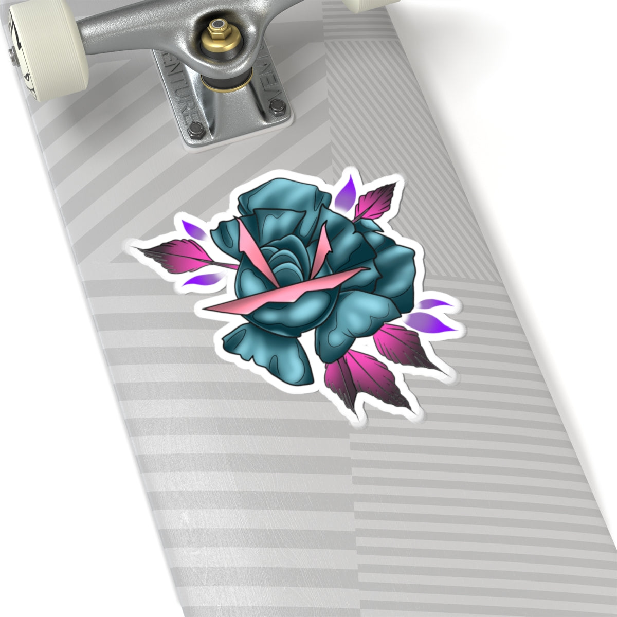 Teal Rose Kiss-Cut Sticker — Floral Tattoo-Style Laptop Decal