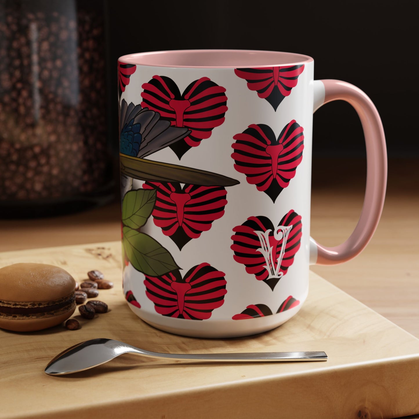 Bird & Hearts Accent Coffee Mug – Colorful Songbird Pattern (11/15oz)