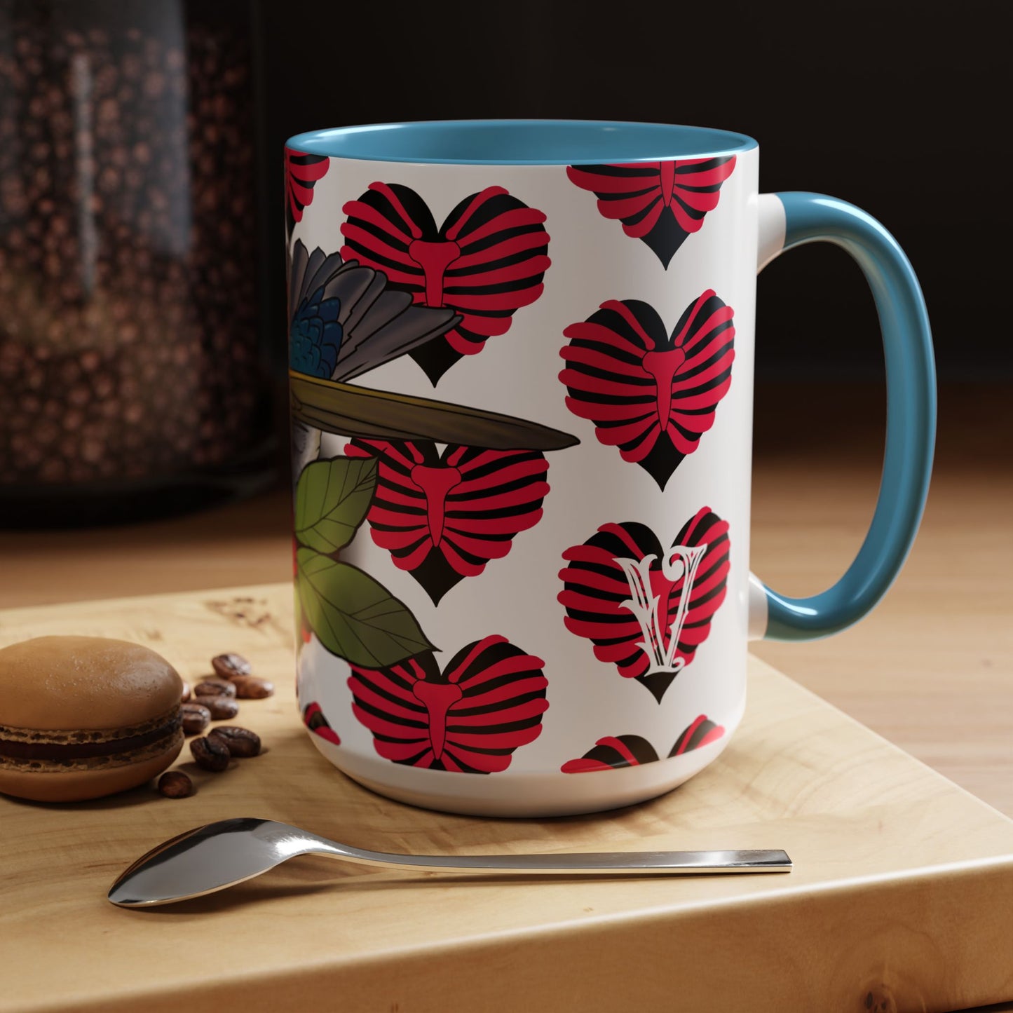 Bird & Hearts Accent Coffee Mug – Colorful Songbird Pattern (11/15oz)