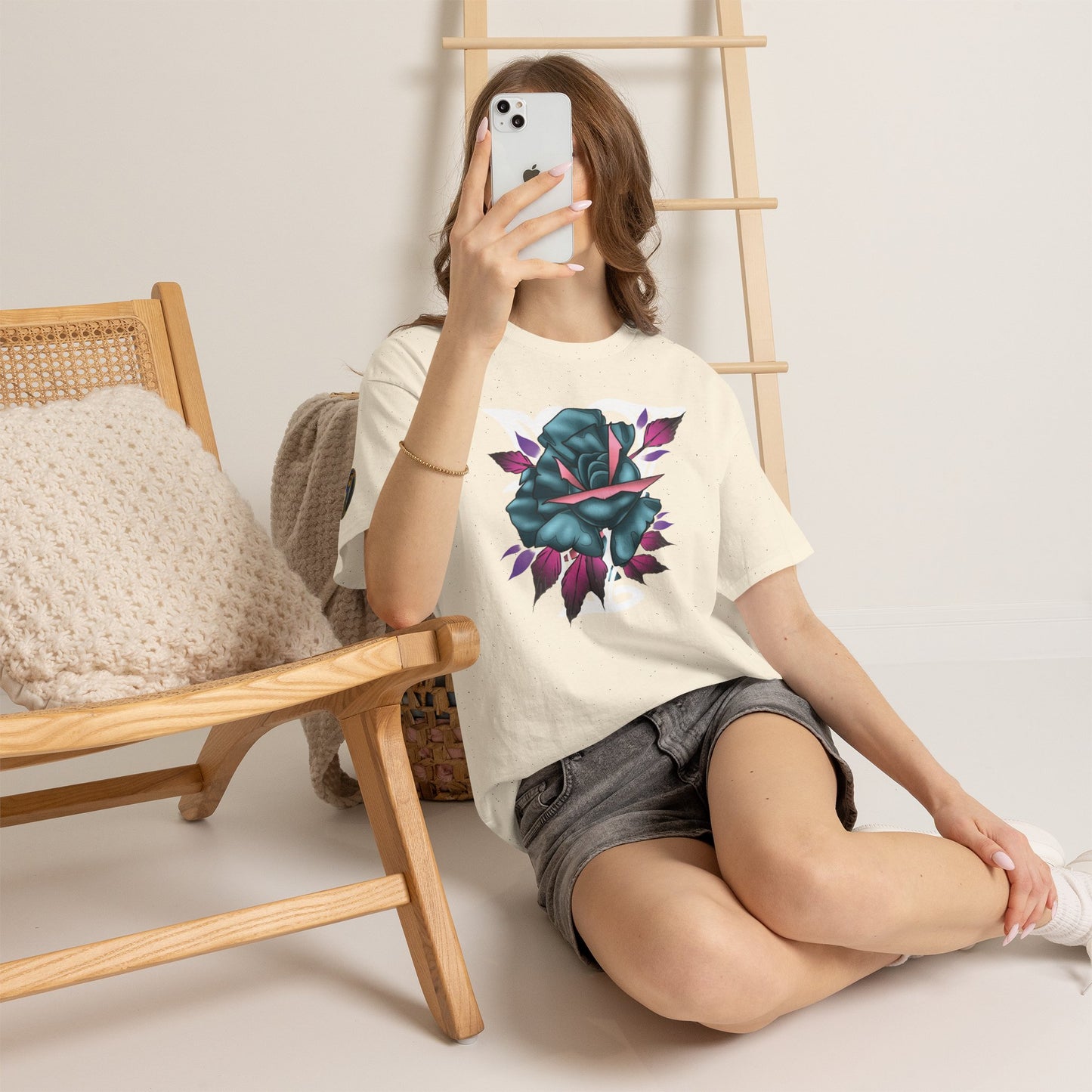 Blue & Pink Rose Graphic Tee — Vintage Floral Tattoo Shirt