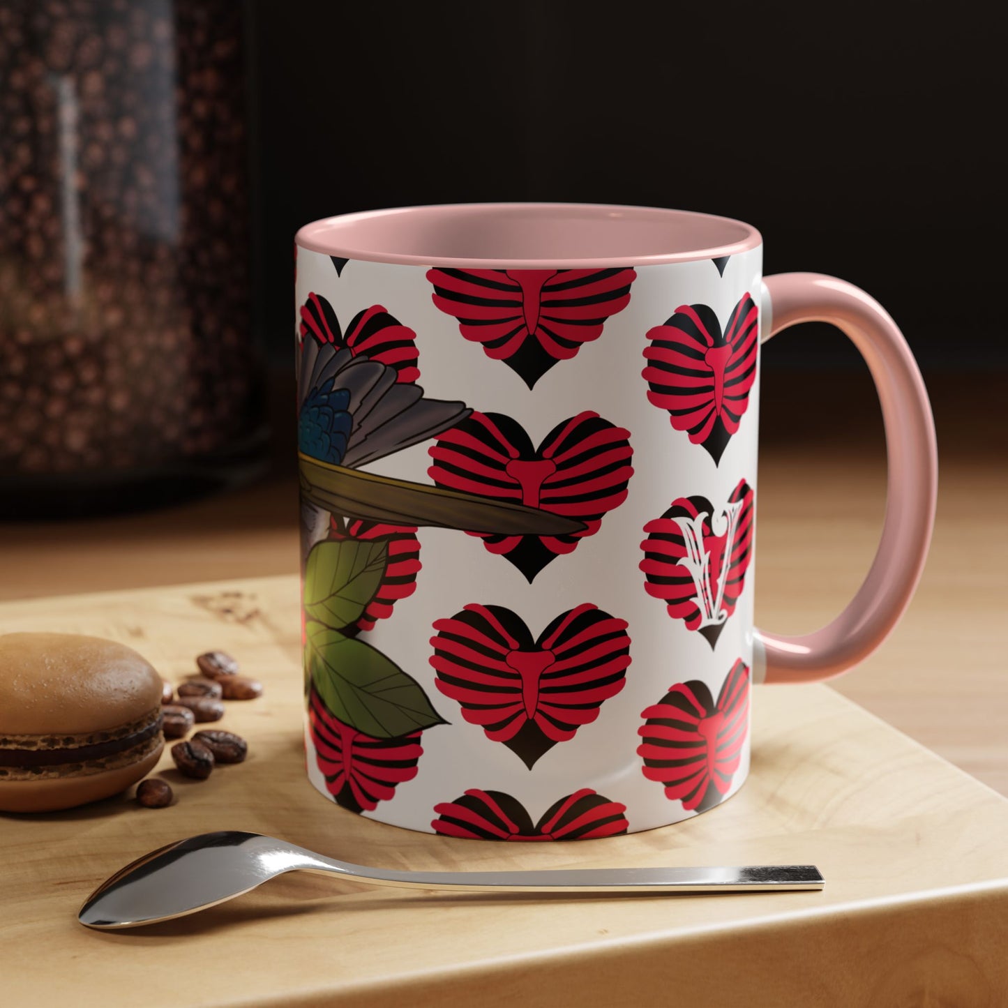 Bird & Hearts Accent Coffee Mug – Colorful Songbird Pattern (11/15oz)