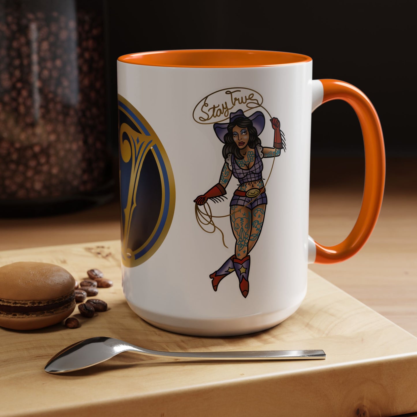 Accent Coffee Mug — Vintage Gold 'V' Monogram & Pin-Up Cowgirl Illustration (11oz/15oz)