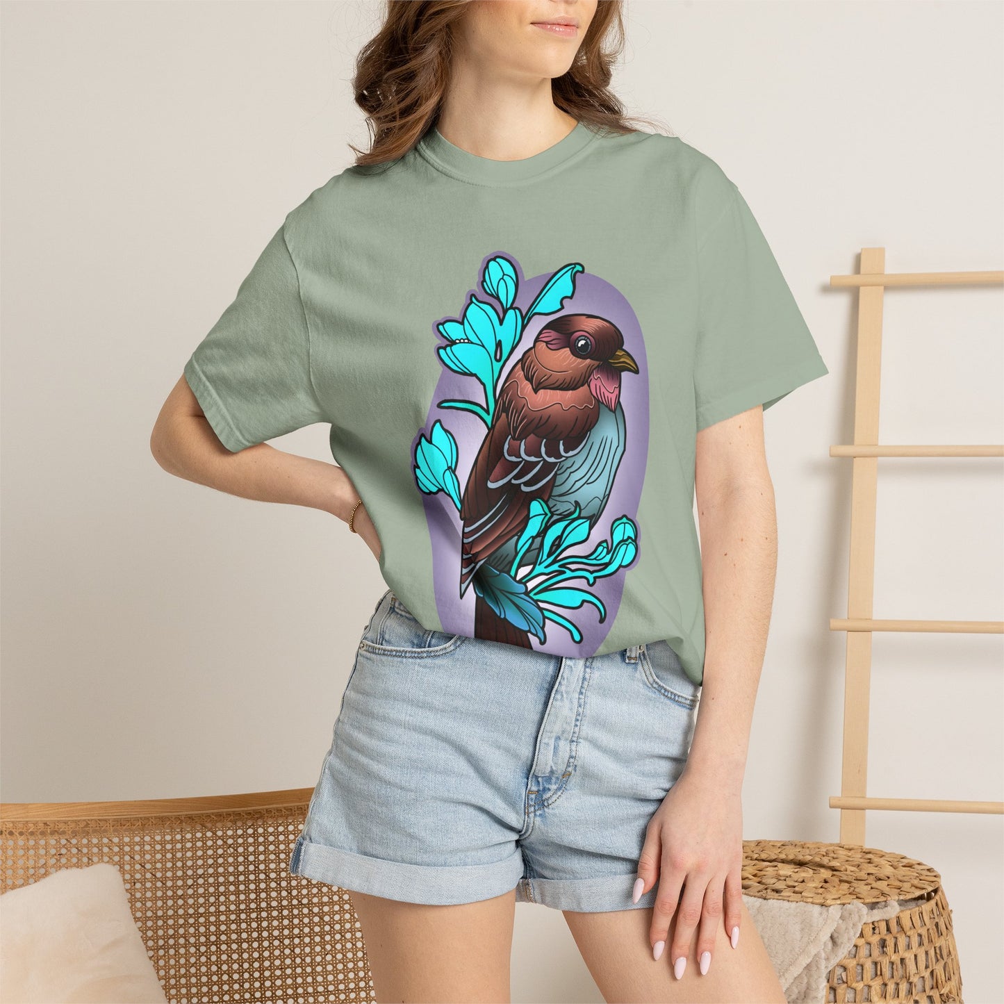 Bird Illustration T-Shirt — Colorful Sparrow on Floral Branch Tee