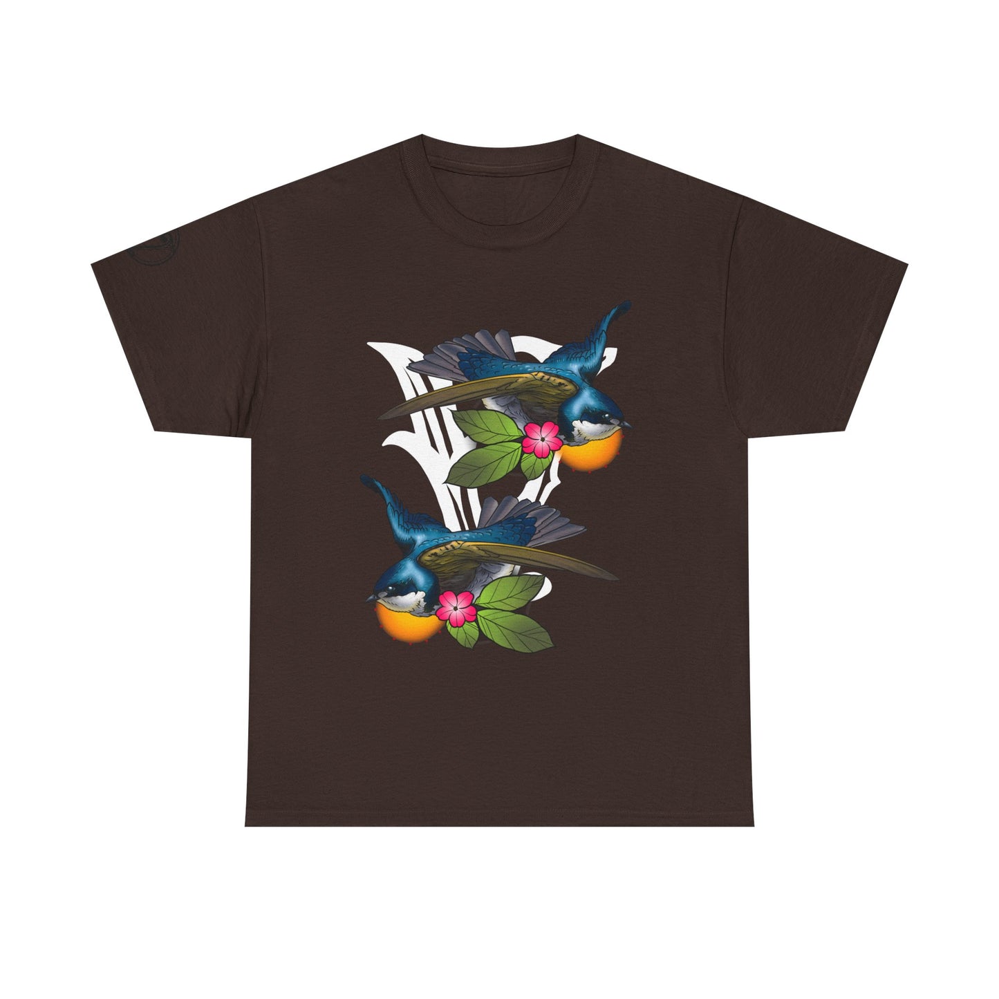 Bird Skull & Swallow Art Tee — Vibrant Blue Bird Illustration T-Shirt