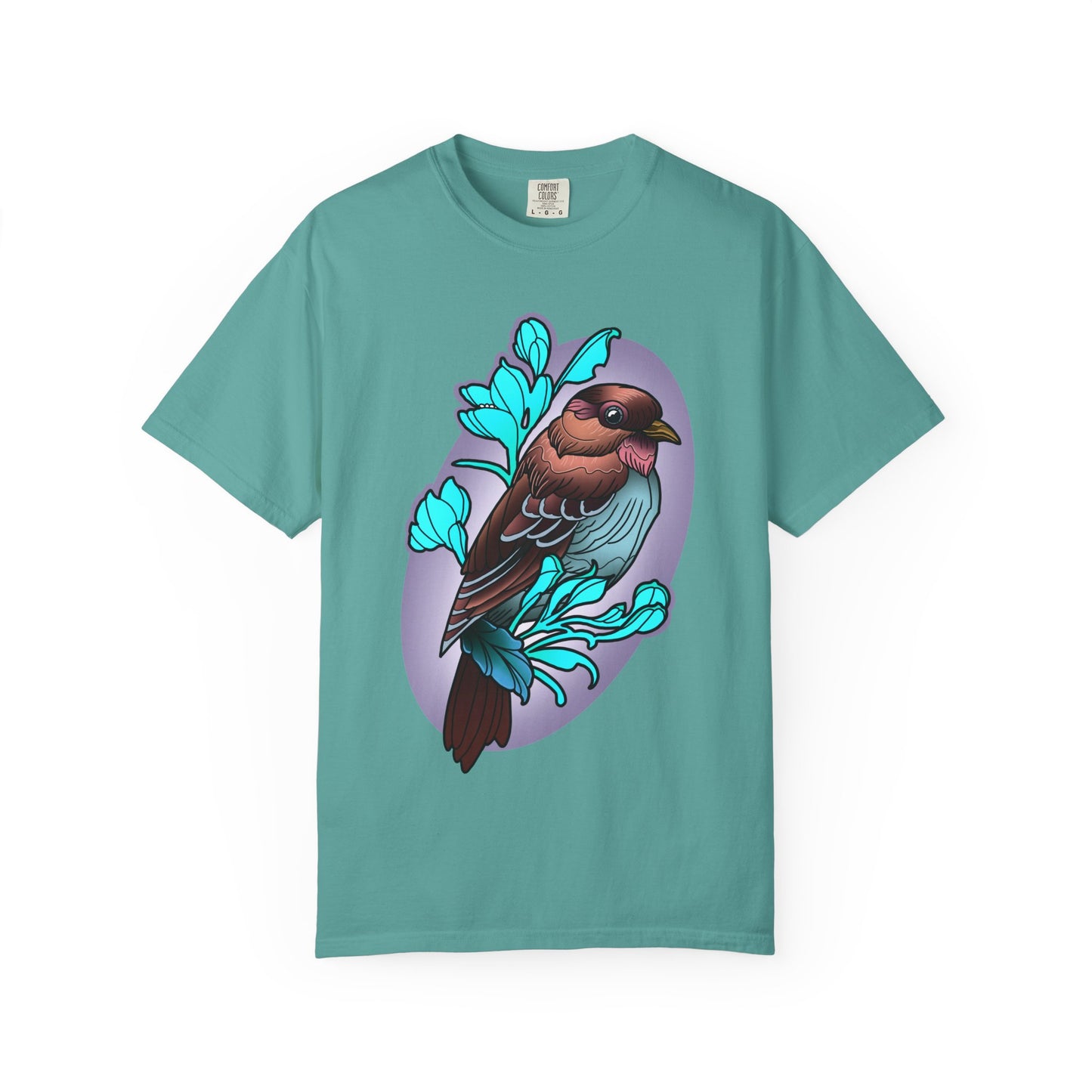 Bird Illustration T-Shirt — Colorful Sparrow on Floral Branch Tee