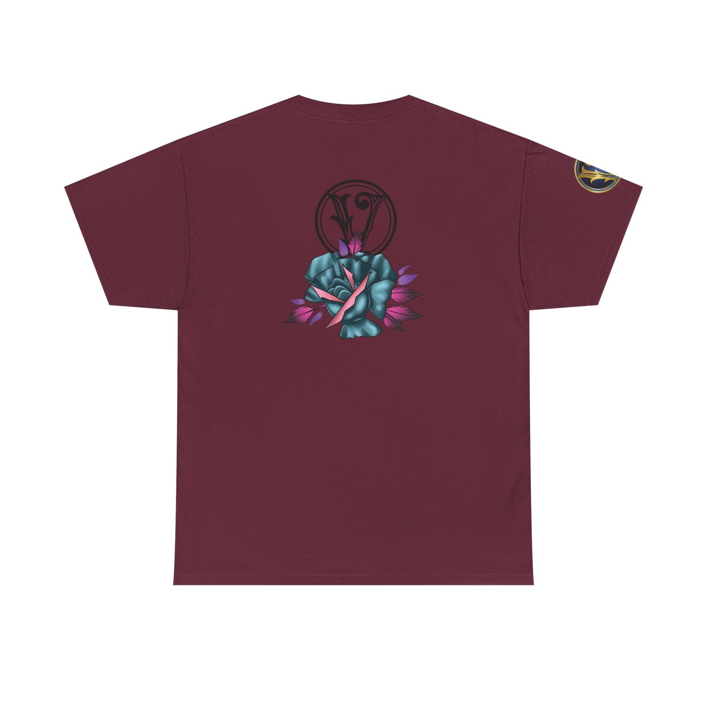 Blue & Pink Rose Graphic Tee — Vintage Floral Tattoo Shirt