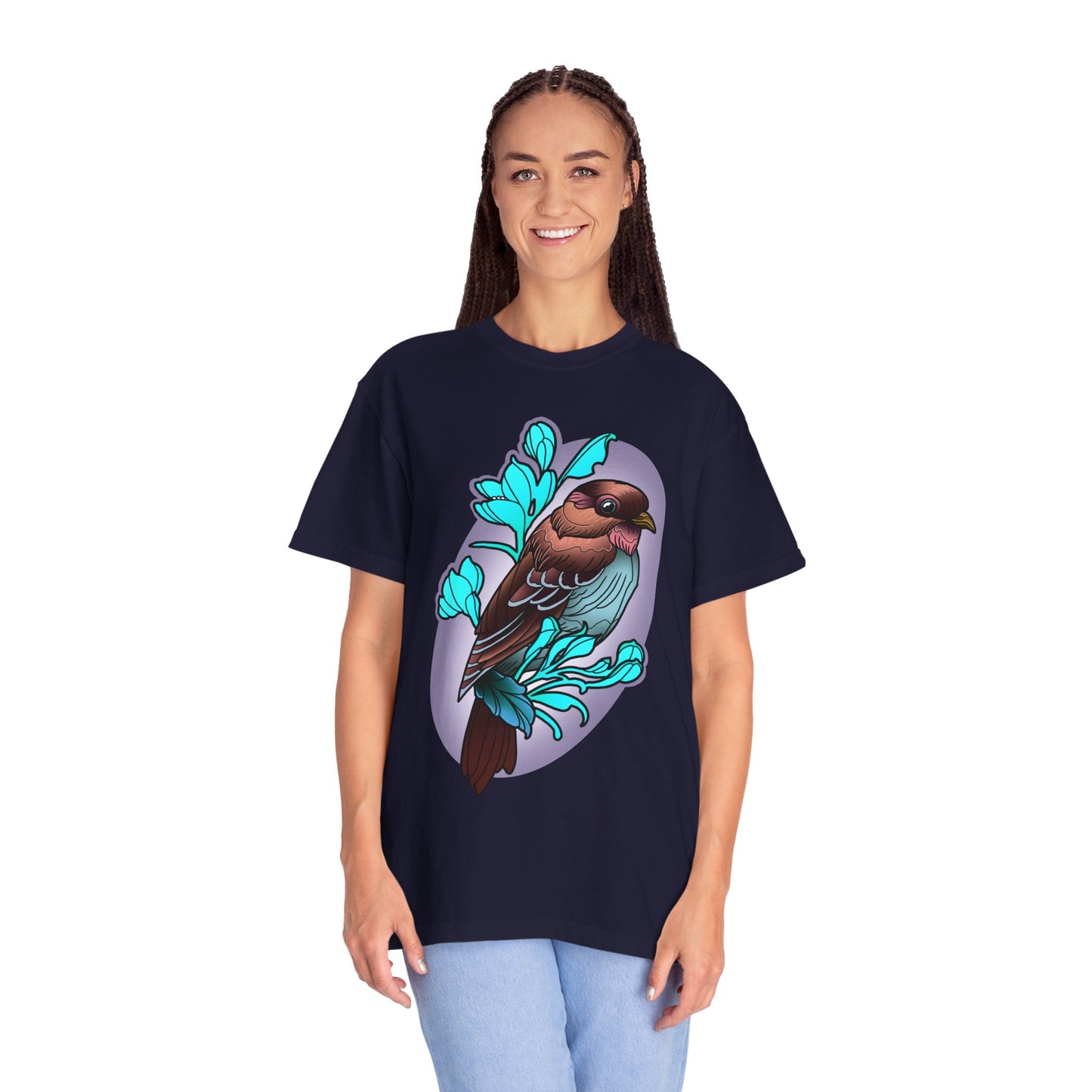 Bird Illustration T-Shirt — Colorful Sparrow on Floral Branch Tee