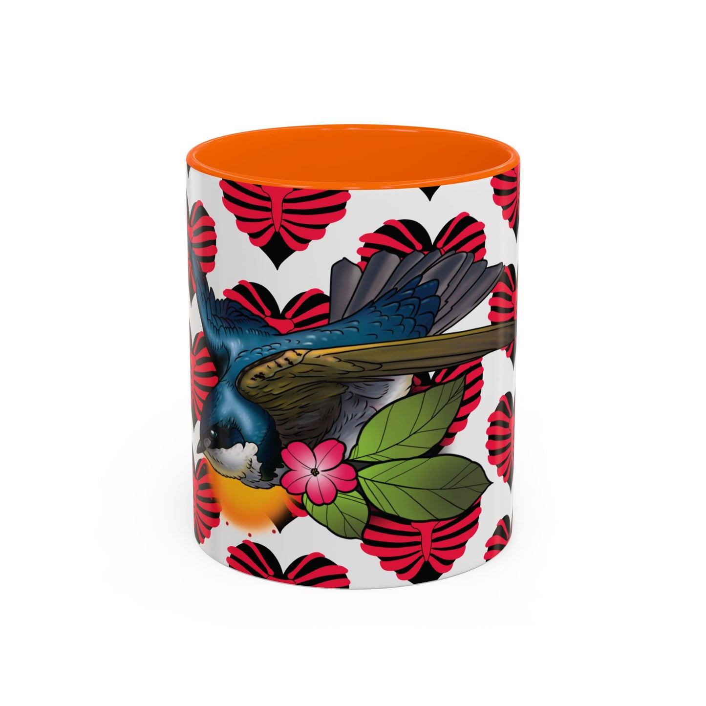 Bird & Hearts Accent Coffee Mug – Colorful Songbird Pattern (11/15oz)